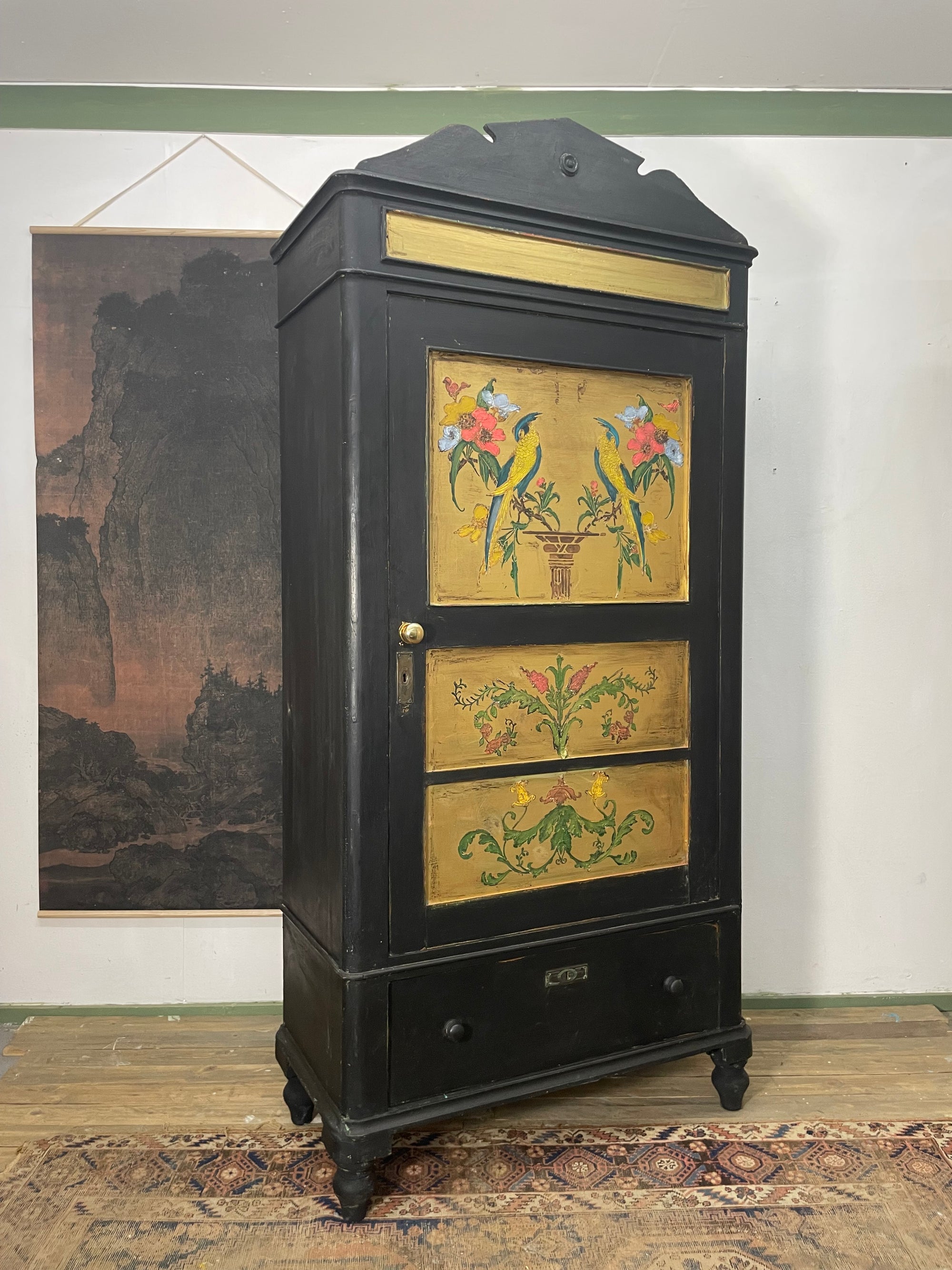 Vintage Painted Pine Wardrobe/ Hall Cupboard with Bird Panels