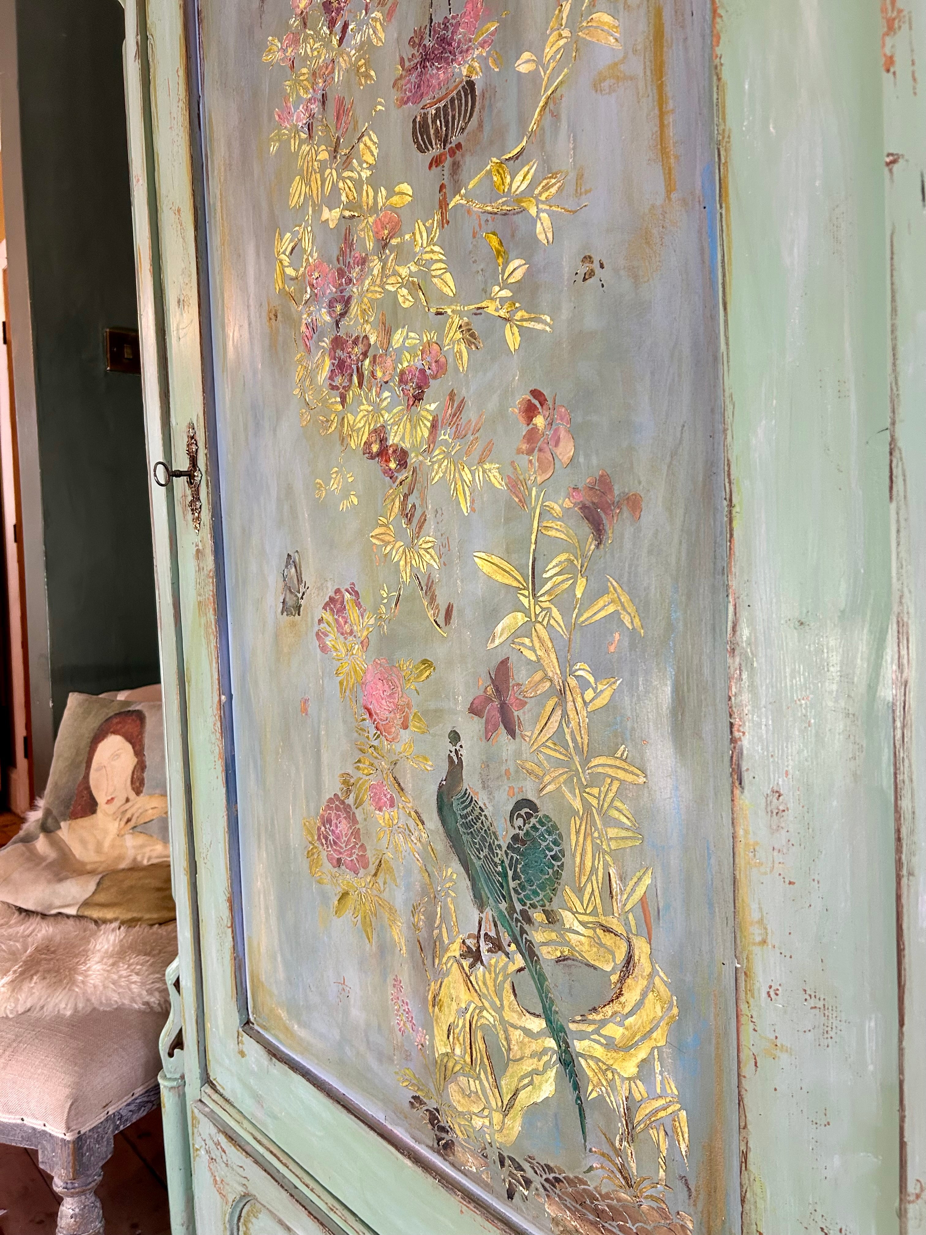Antique Painted Armoire with Inlaid Chinoiserie