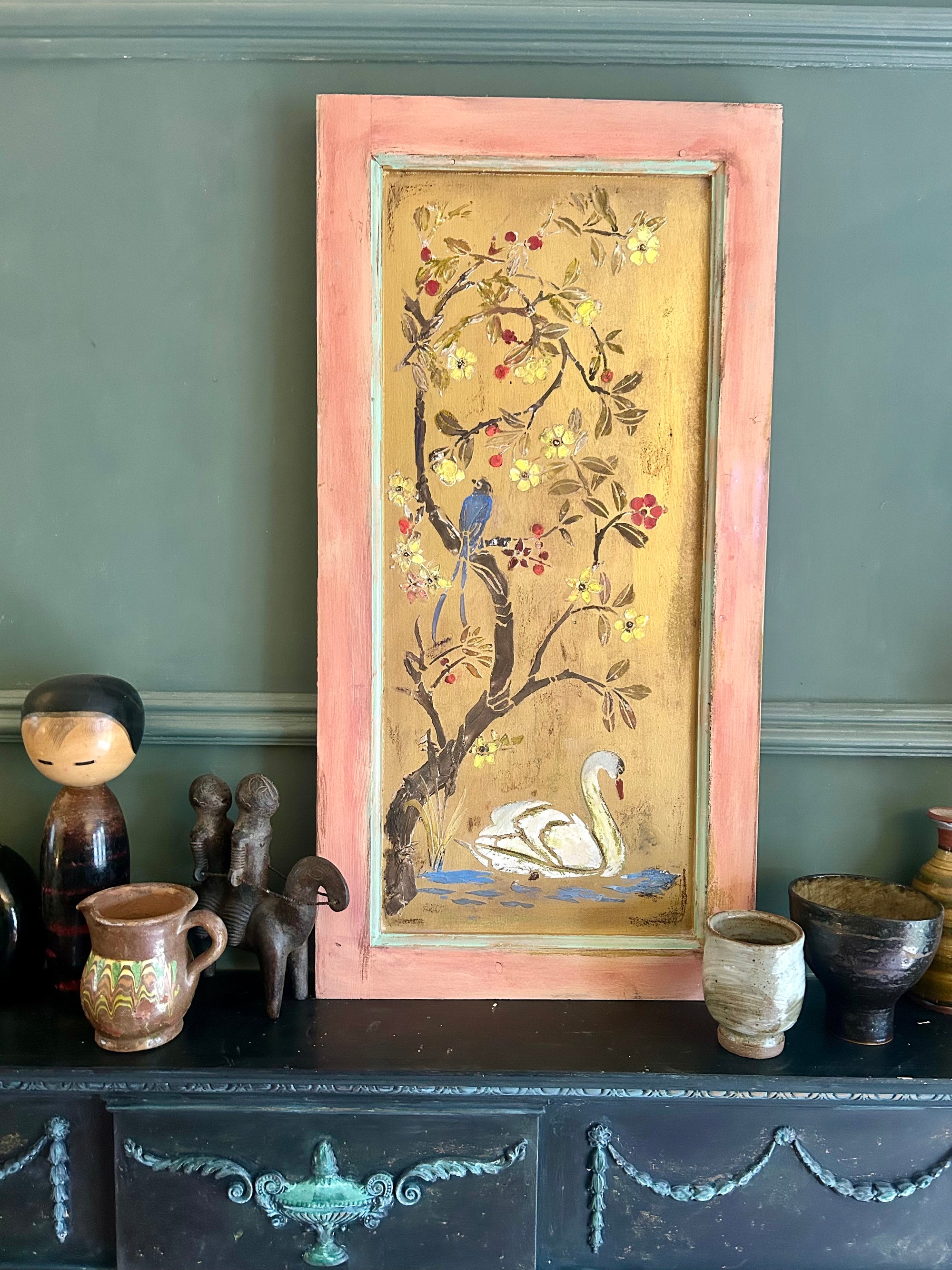 Reclaimed Door Wallhanging with Swan Chinoiserie