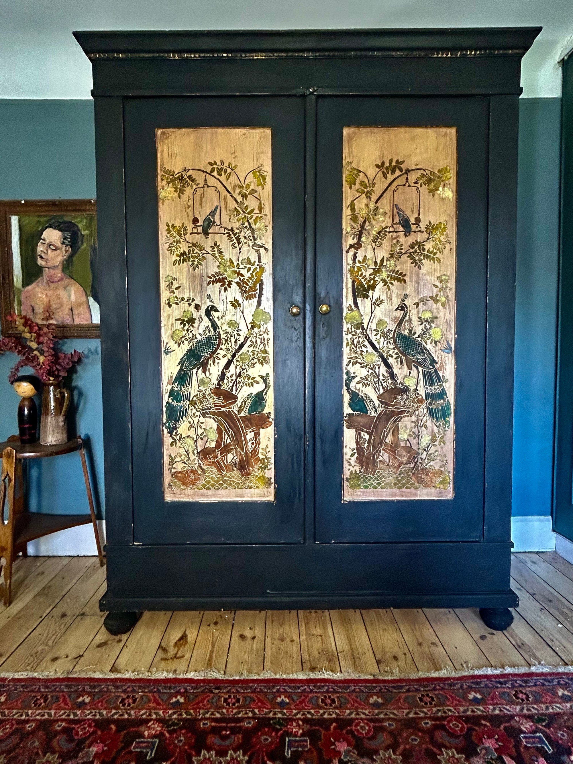 Vintage Painted Pine Double Wardrobe with Inlaid Peacock Chinoiserie