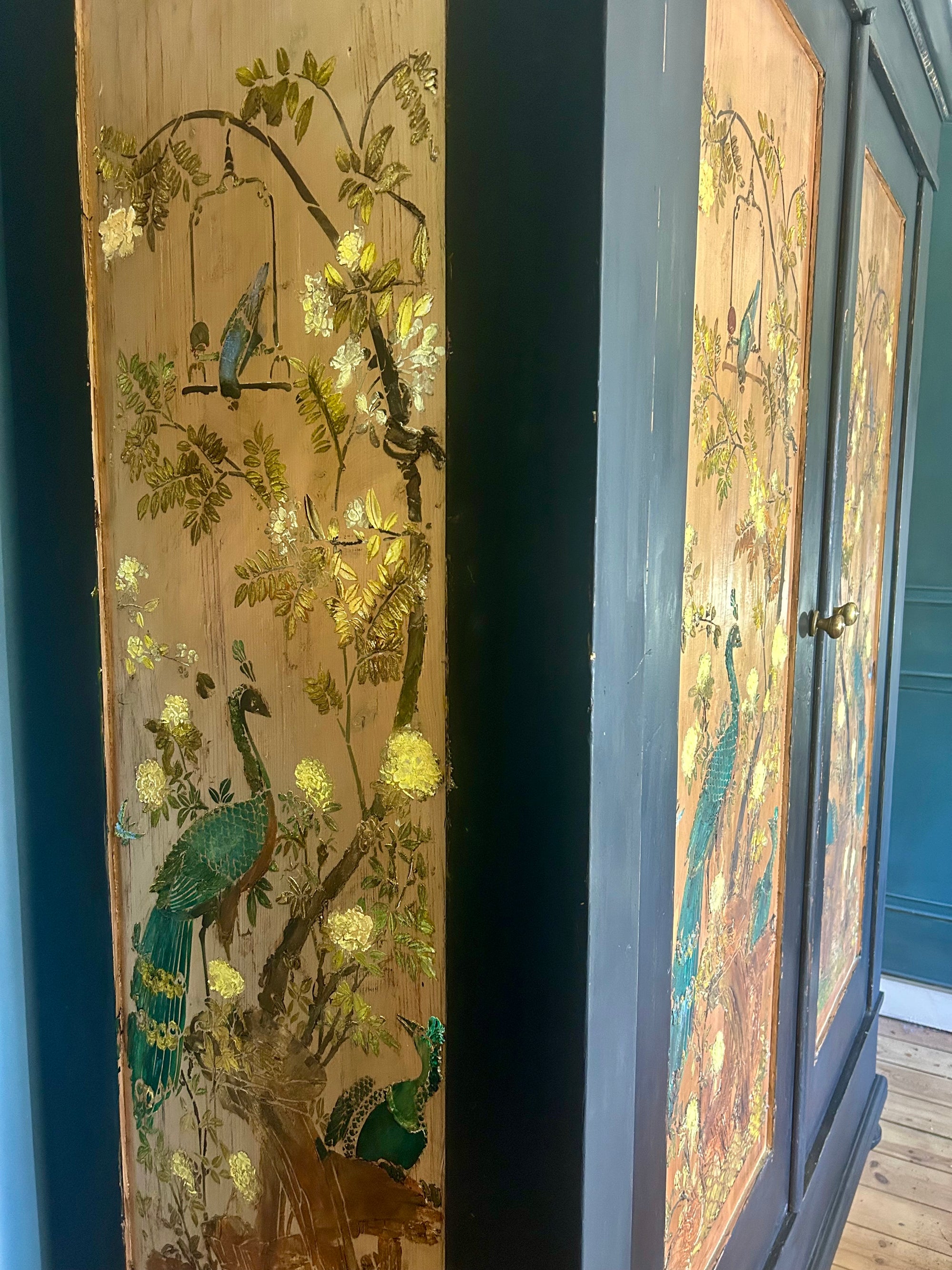 Vintage Painted Pine Double Wardrobe with Inlaid Peacock Chinoiserie