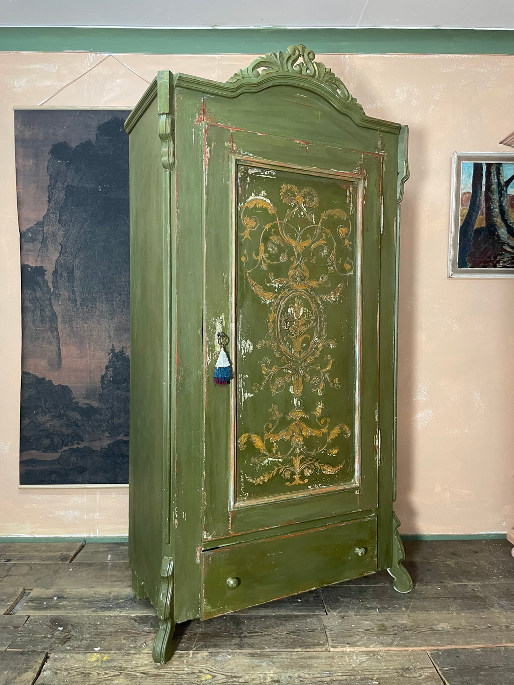 Vintage Painted Pine Wardrobe with Inlaid Boiserie Panel