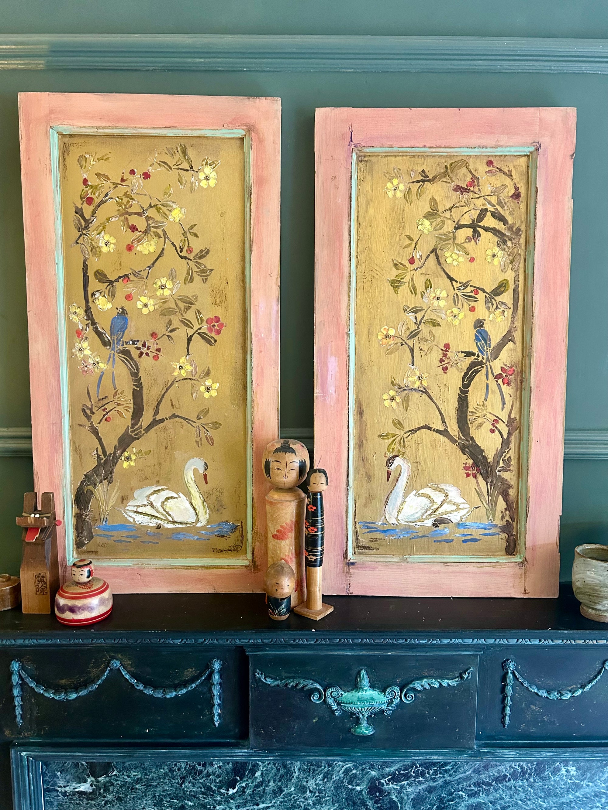 Reclaimed Door Wallhanging with Swan Chinoiserie