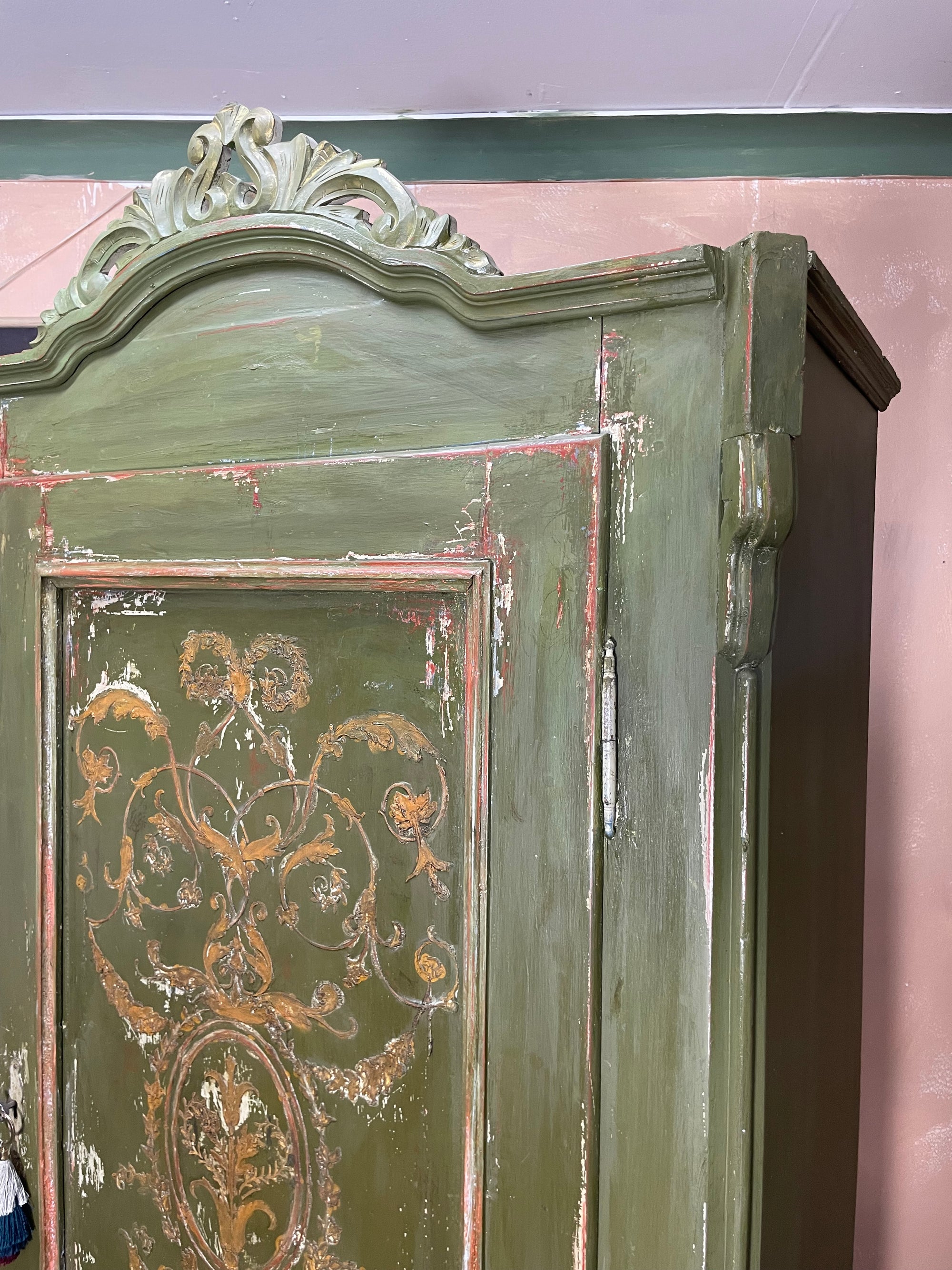 Vintage Painted Pine Wardrobe with Inlaid Boiserie Panel