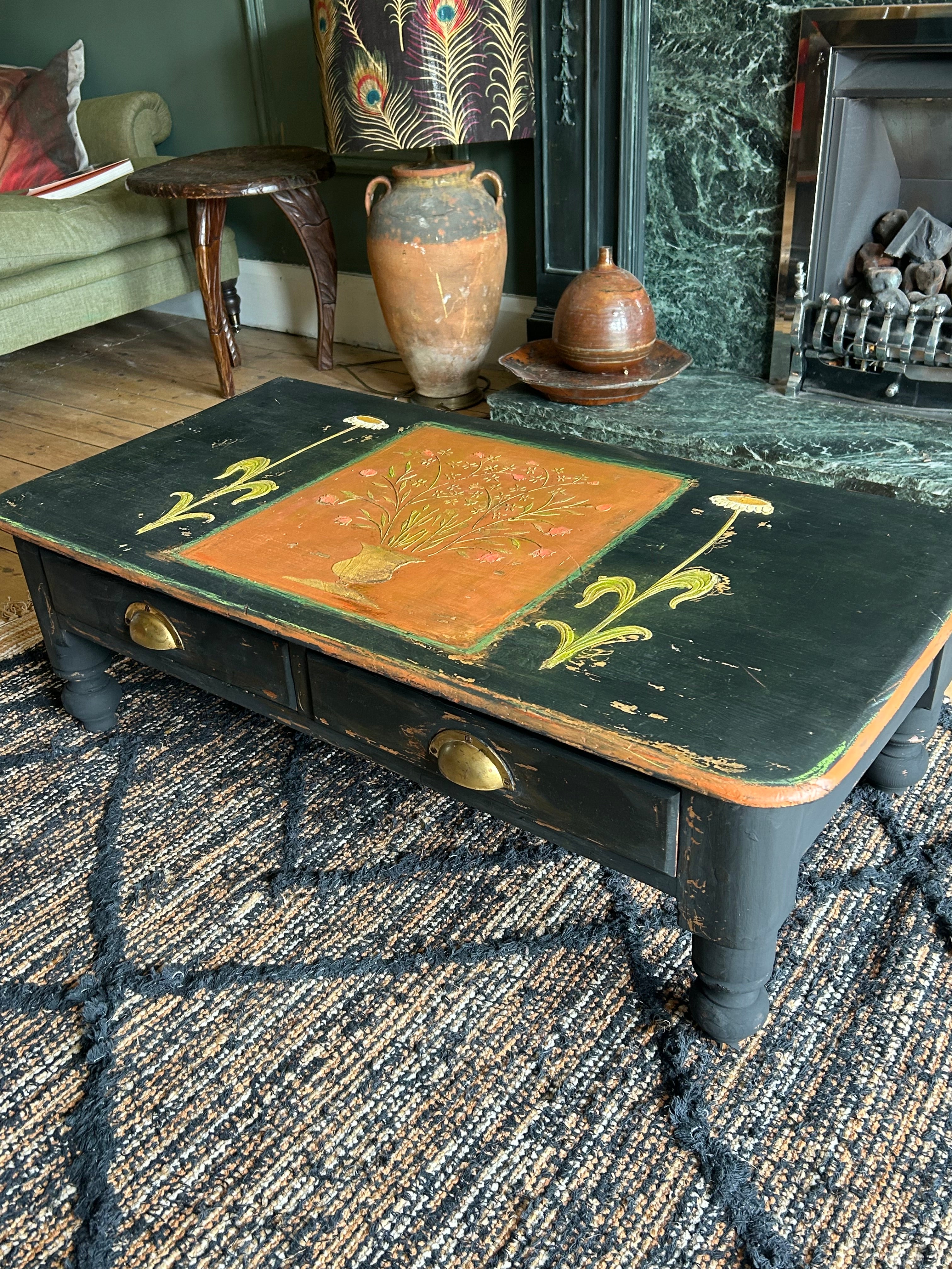 Vintage Folk Art Painted Coffee Table