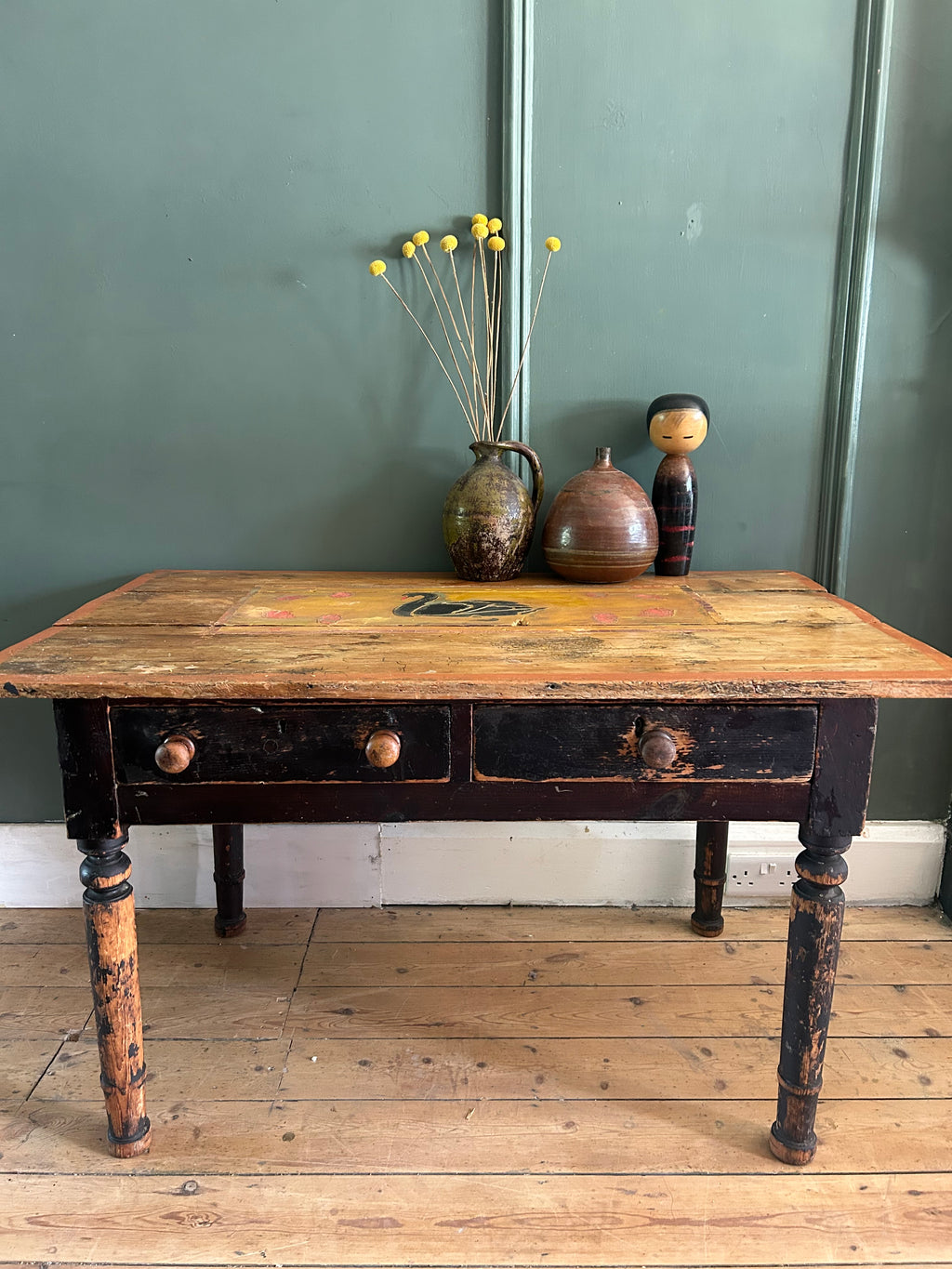 Vintage Pine console Table with Folk Art Sean Design