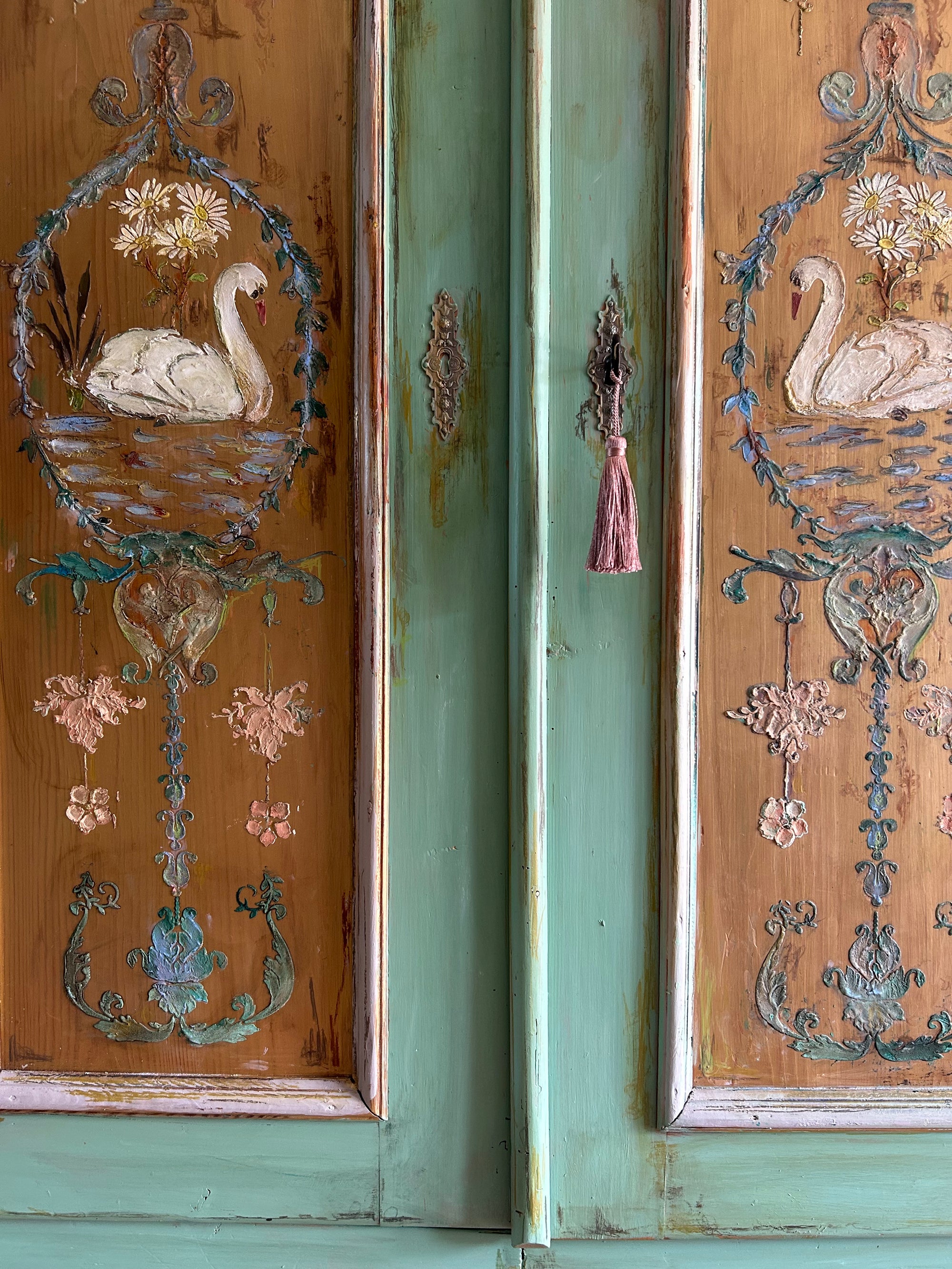 Vintage Painted Pine Wardrobe with Inlaid Swan Chinoiserie