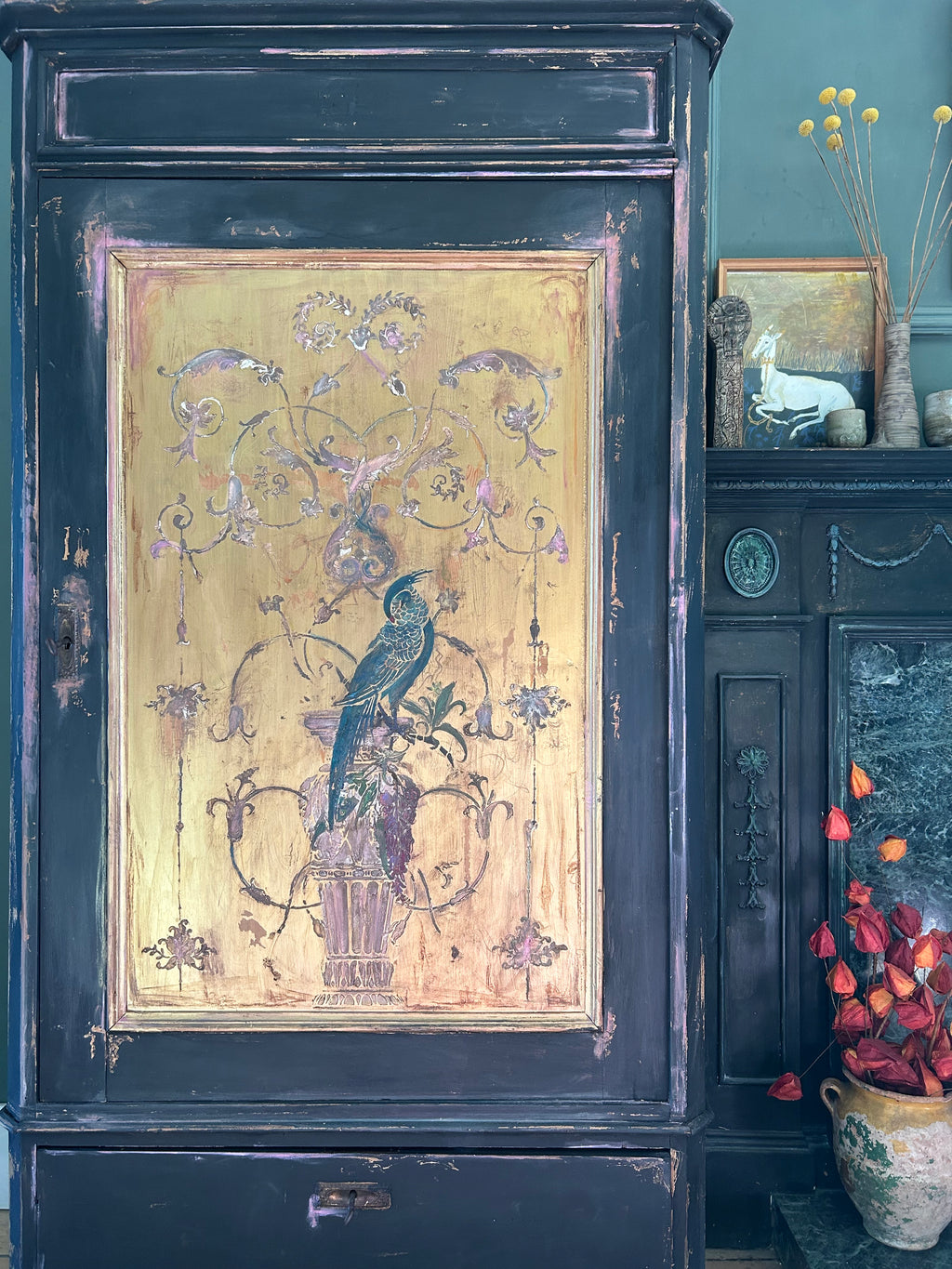 Vintage Painted Hall Cupboard/ Armoire with Chinoiserie Panel