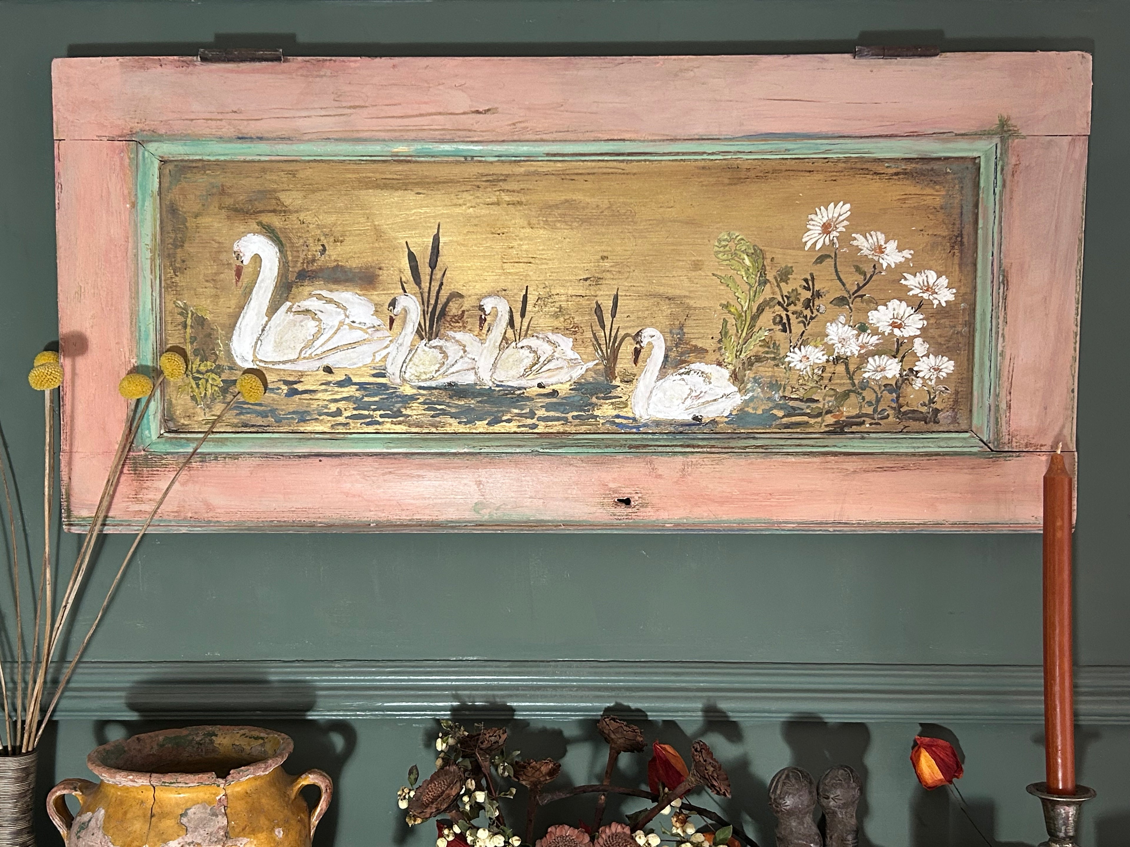 Reclaimed Door Wallhanging with Swan Chinoiserie