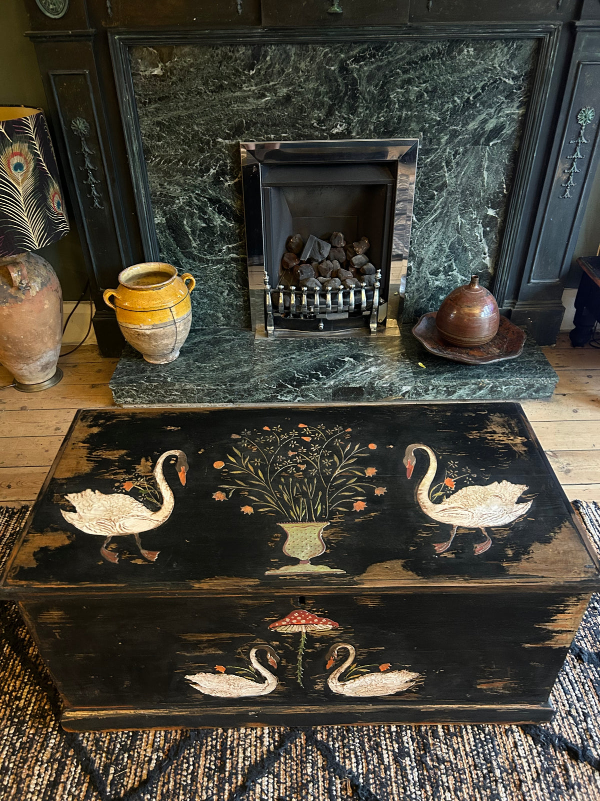 Vintage Painted Blanket Box with Folk Art Swans