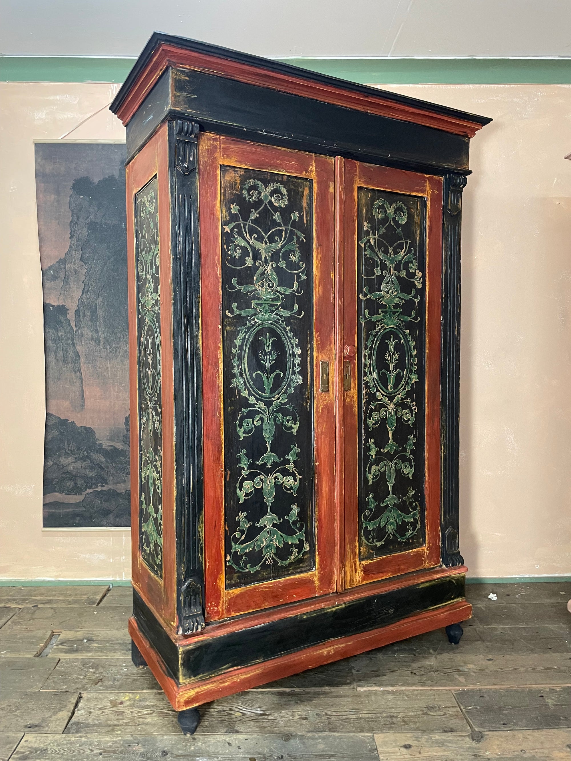 Vintage Painted Pine Wardrobe with Boiserie Panels