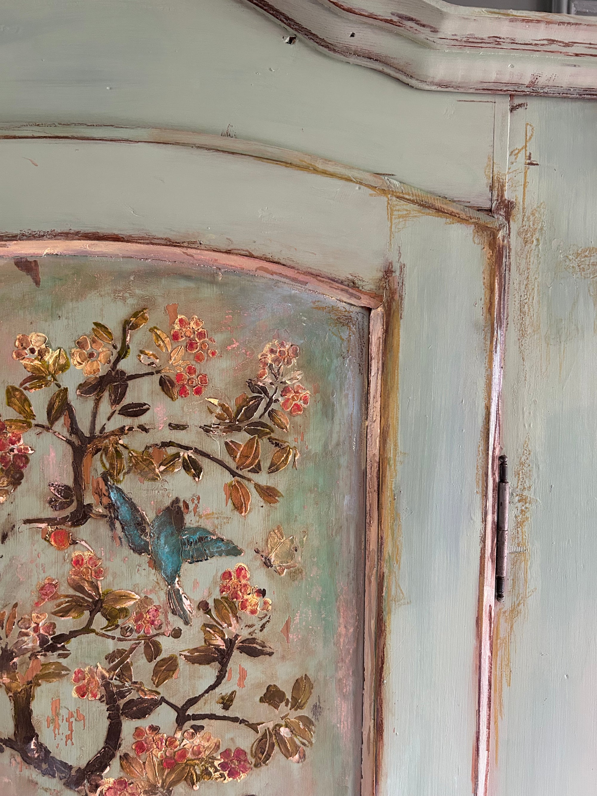 Vintage Painted Pine Armoire with Inlaid Chinoiserie