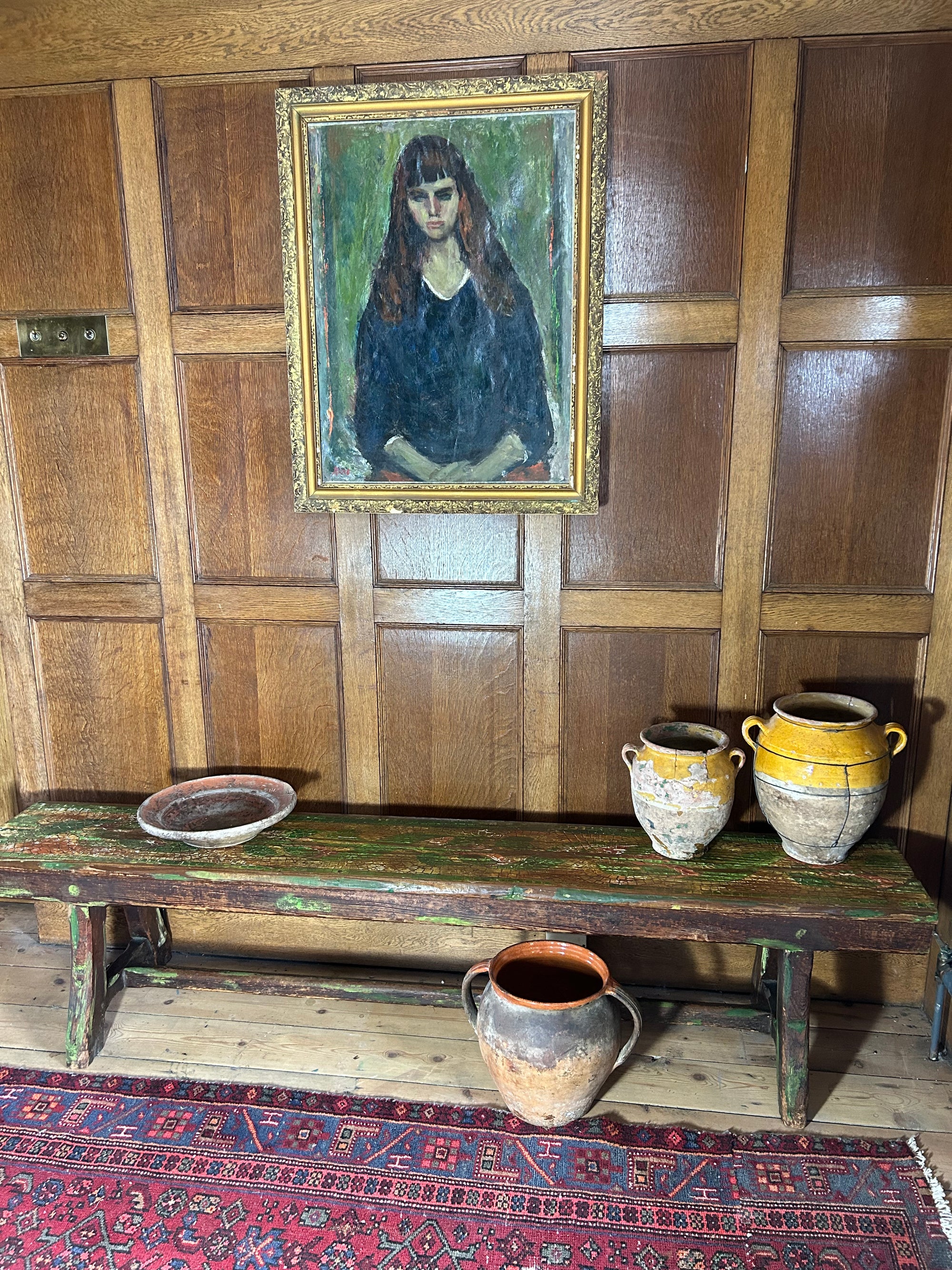 Vintage Painted Oak Bench with Inlaid Design