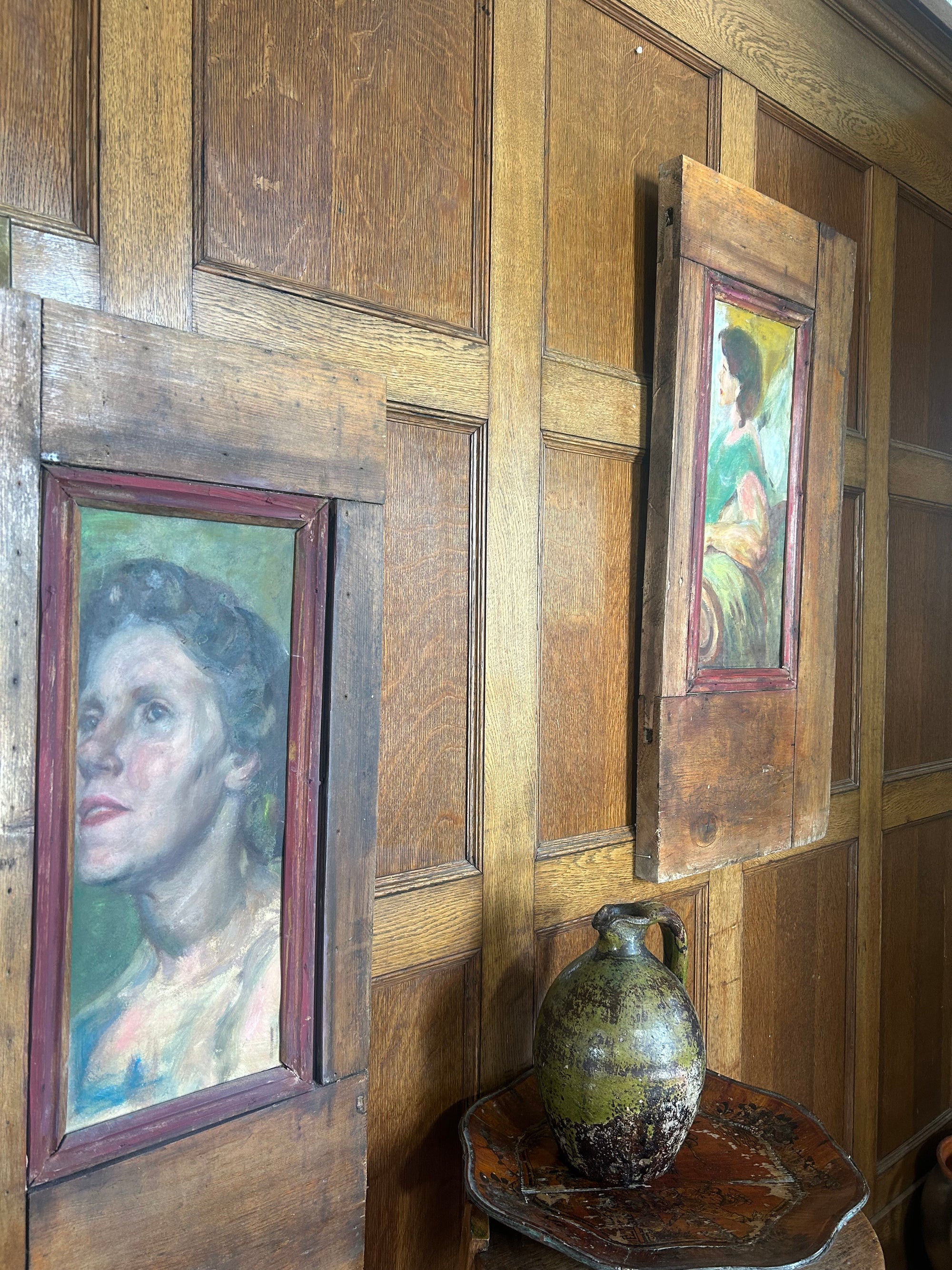 Pair of Reclaimed Door Wallhangings with Vintage Oil Paintings