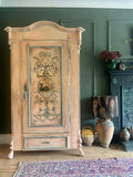 Vintage Painted Pine Armoire with Inlaid Back Swan Chinoiserie