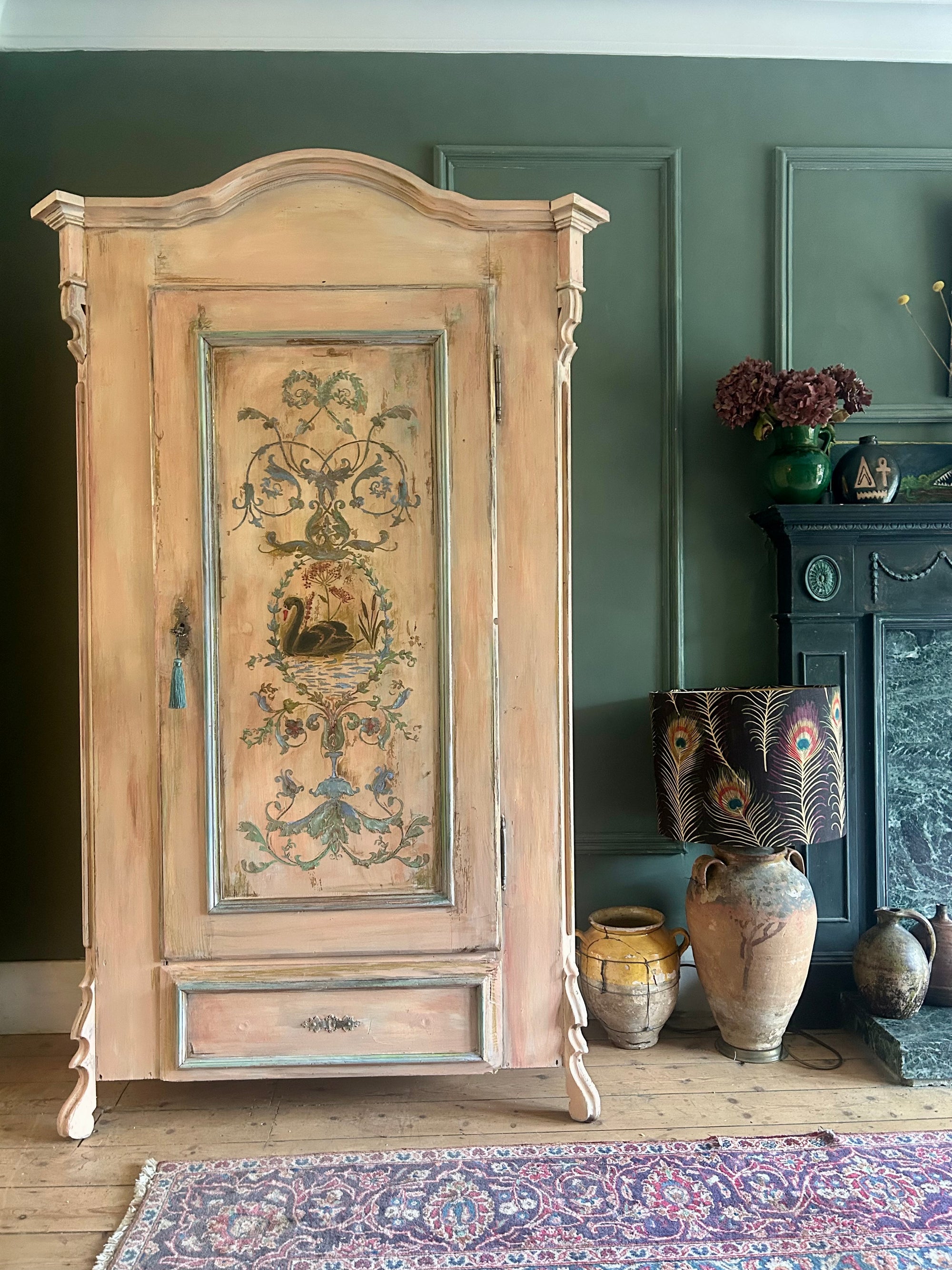 Vintage Painted Pine Armoire with Inlaid Back Swan Chinoiserie