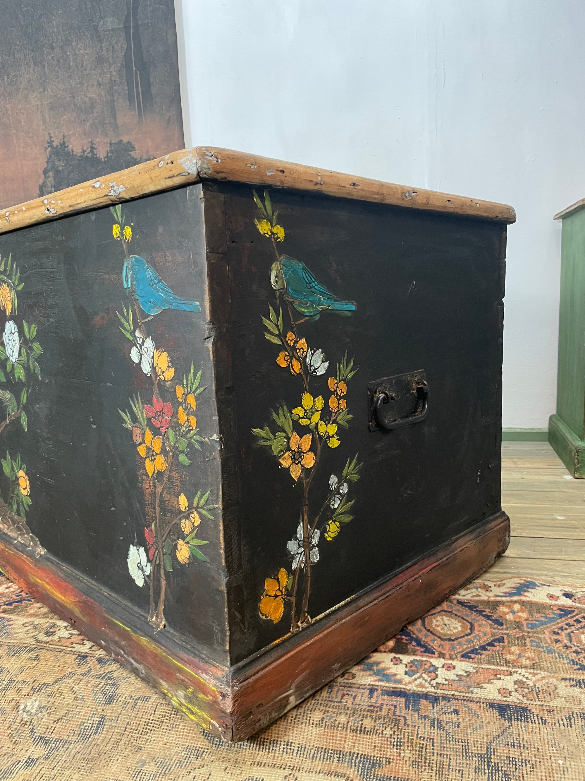 Vintage Painted Pine Blanket Box with Bird Chinoiserie