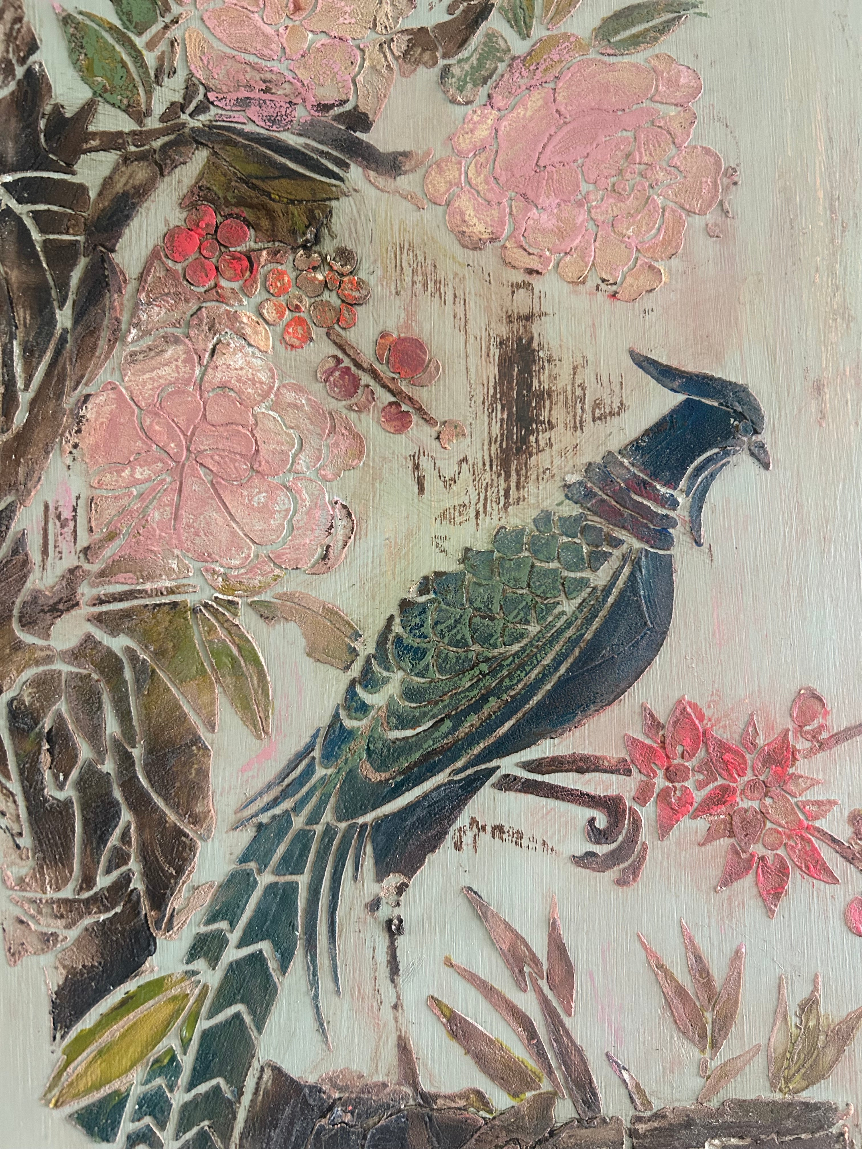 Antique Painted Pine Armoire with Chinoiserie Panel