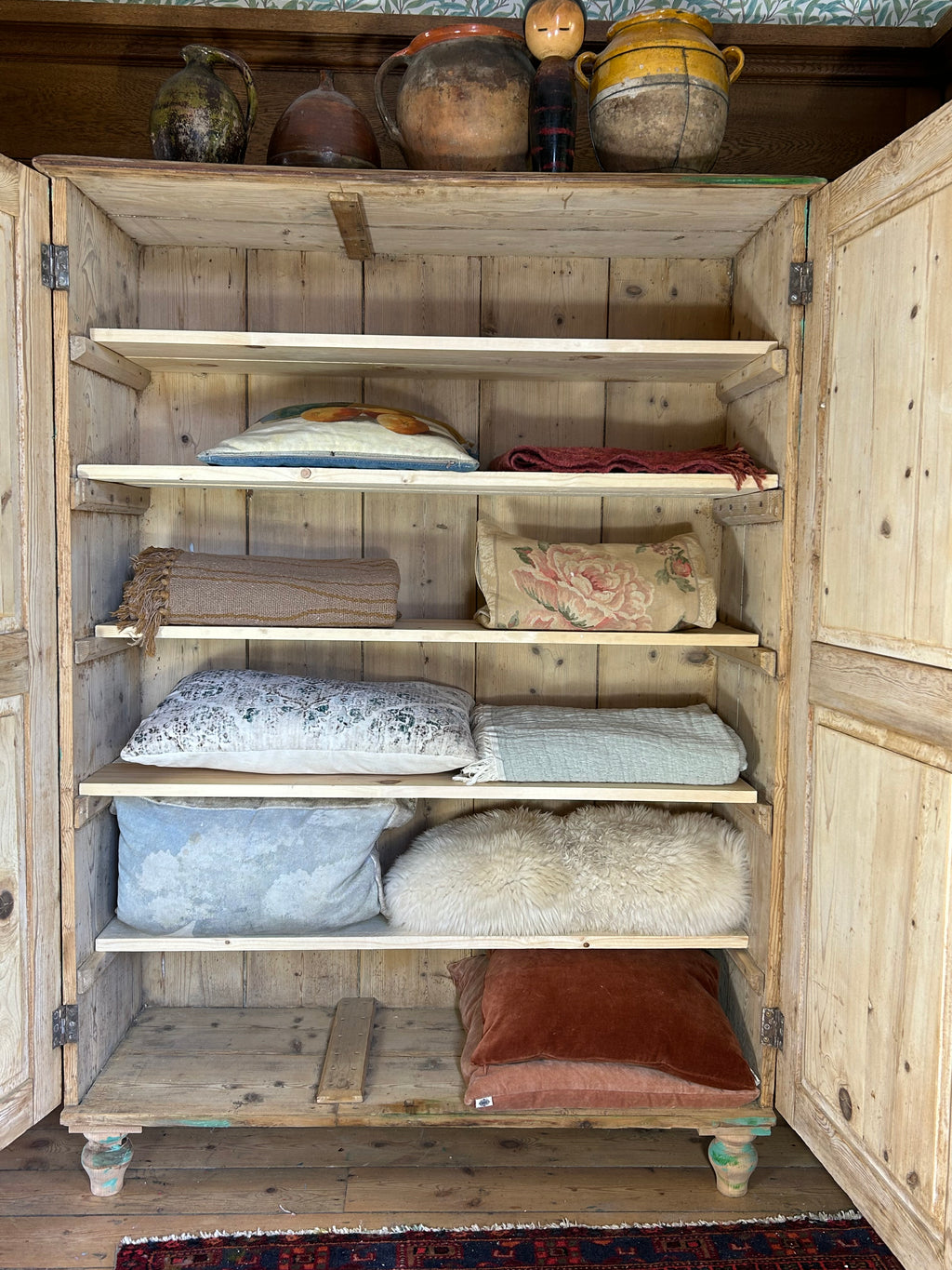 Vintage Painted Pine Linen Press with Inlaid Chinoiserie. RESERVED