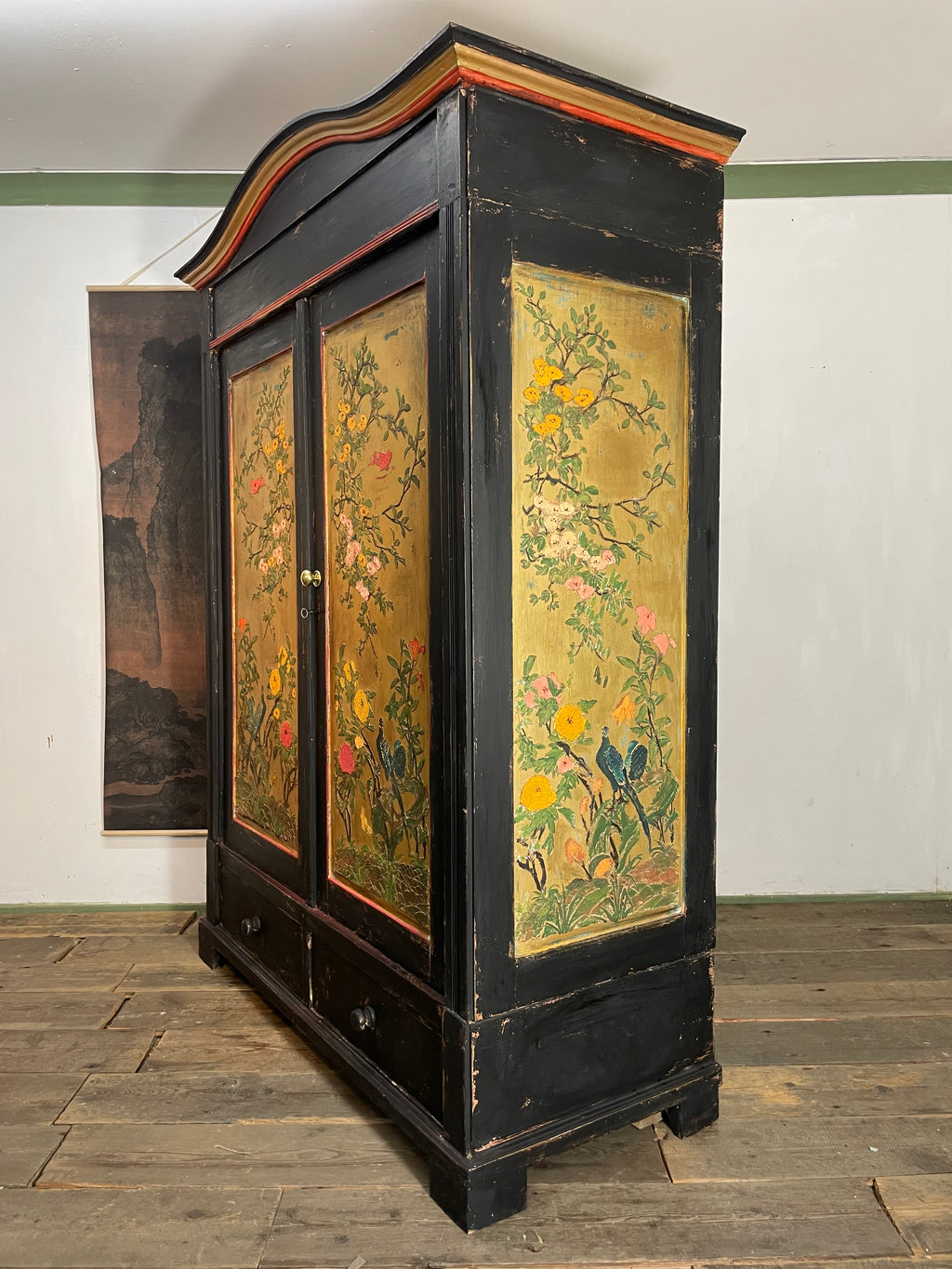 Vintage Knockdown Double Painted Wardrobe with Chinoiserie Panels