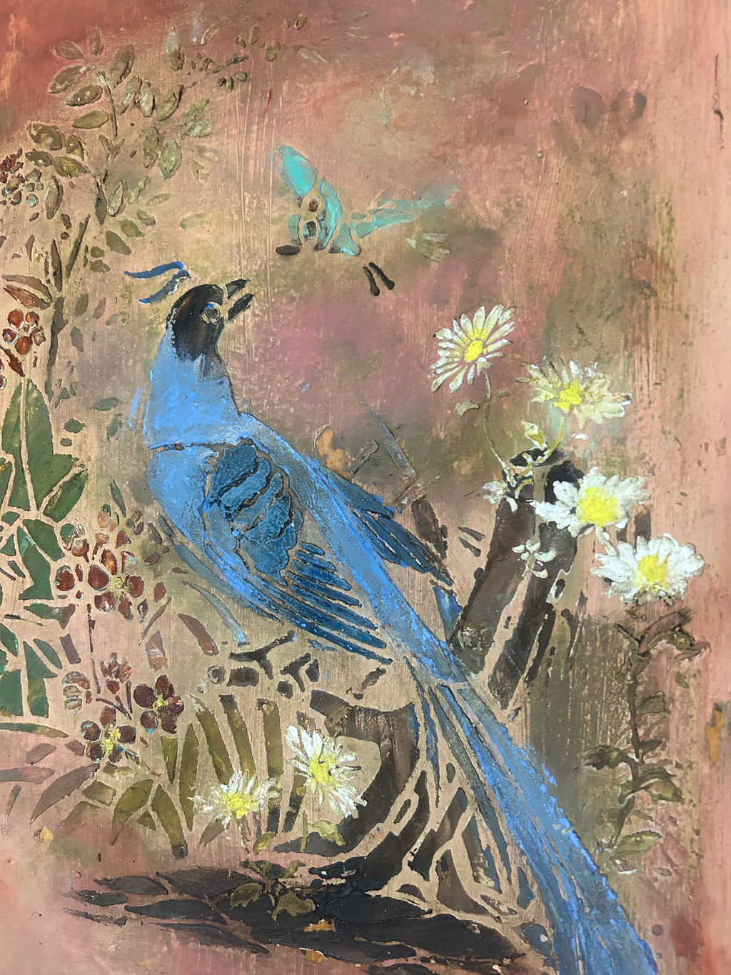 Reclaimed Door Wallhanging with Bird Chinoiserie