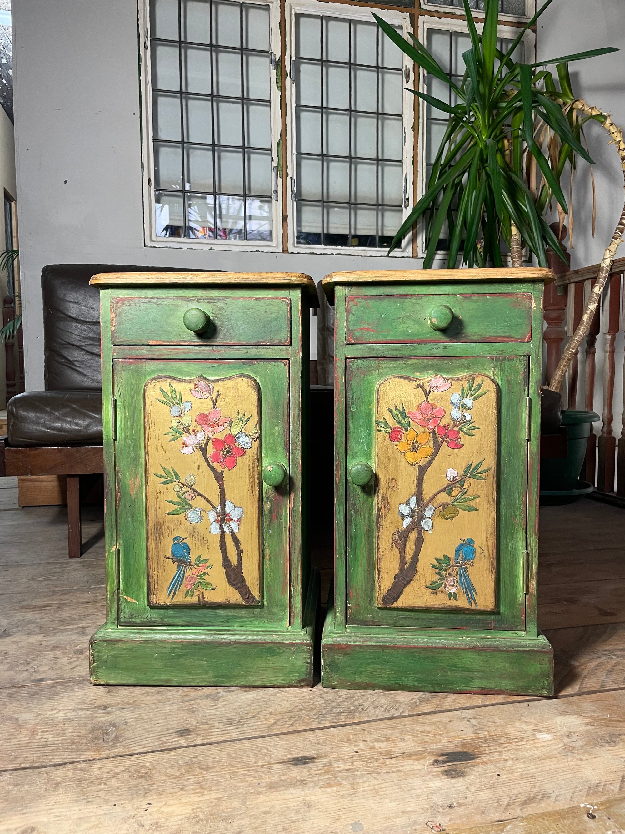 Vintage Painted Pine Bedside Tables with inlaid Chinoiserie