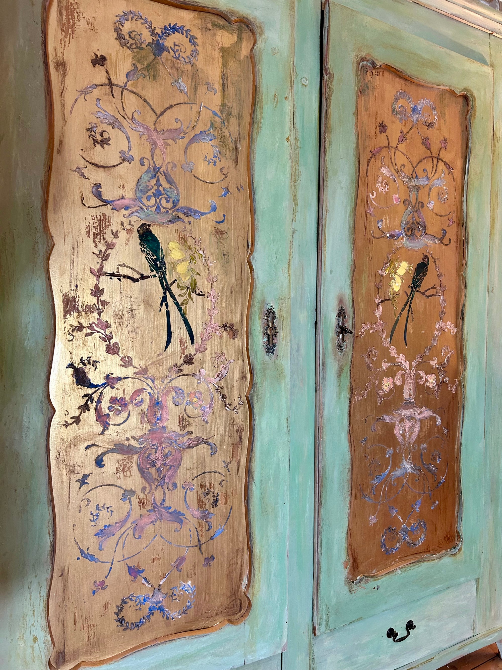 Vintage Painted Pine Wardrobe with Chinoiserie Panels