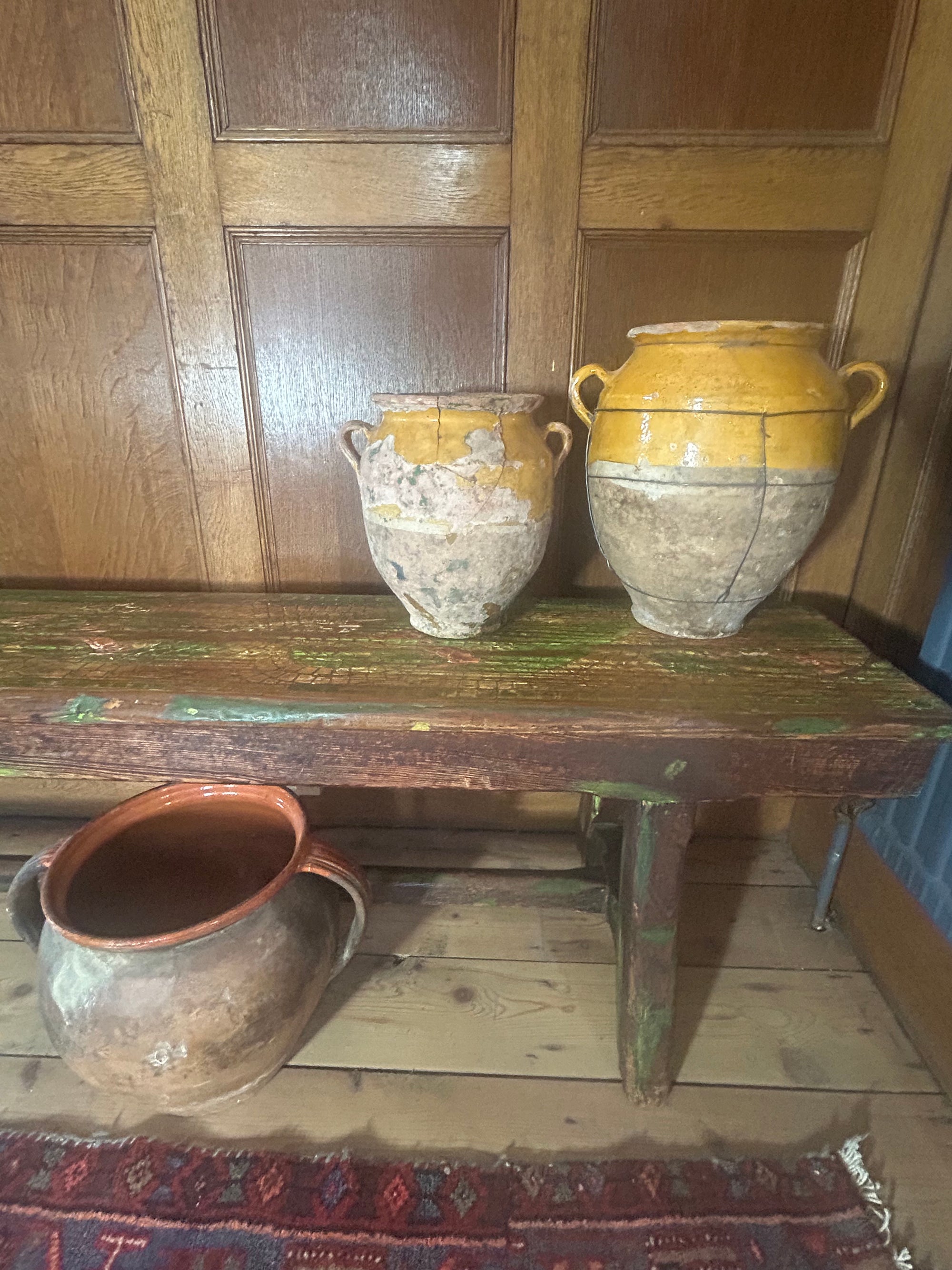 Vintage Painted Oak Bench with Inlaid Design