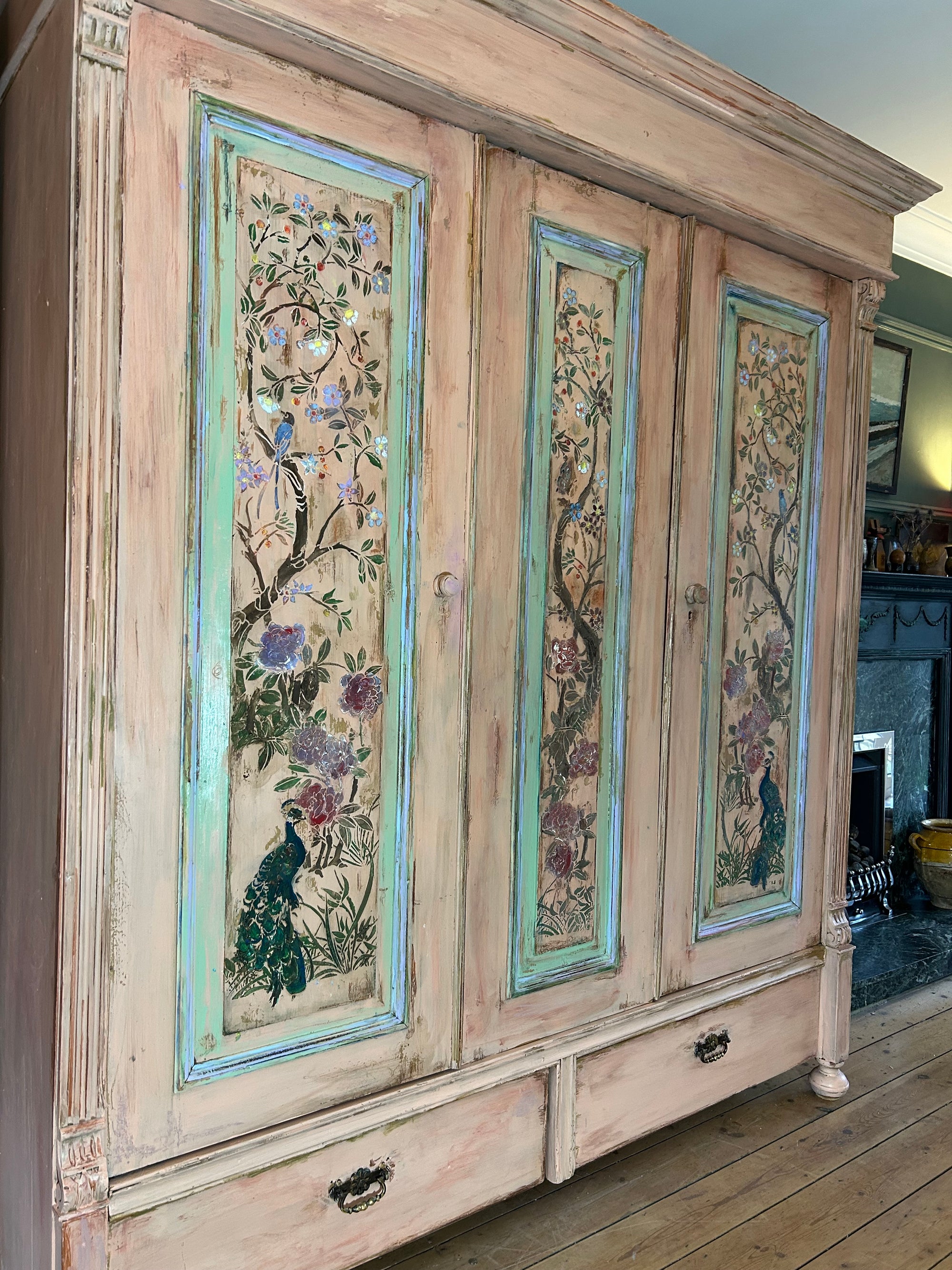 Vintage Painted Pine Large Wardrobe with Chinoiserie Panels