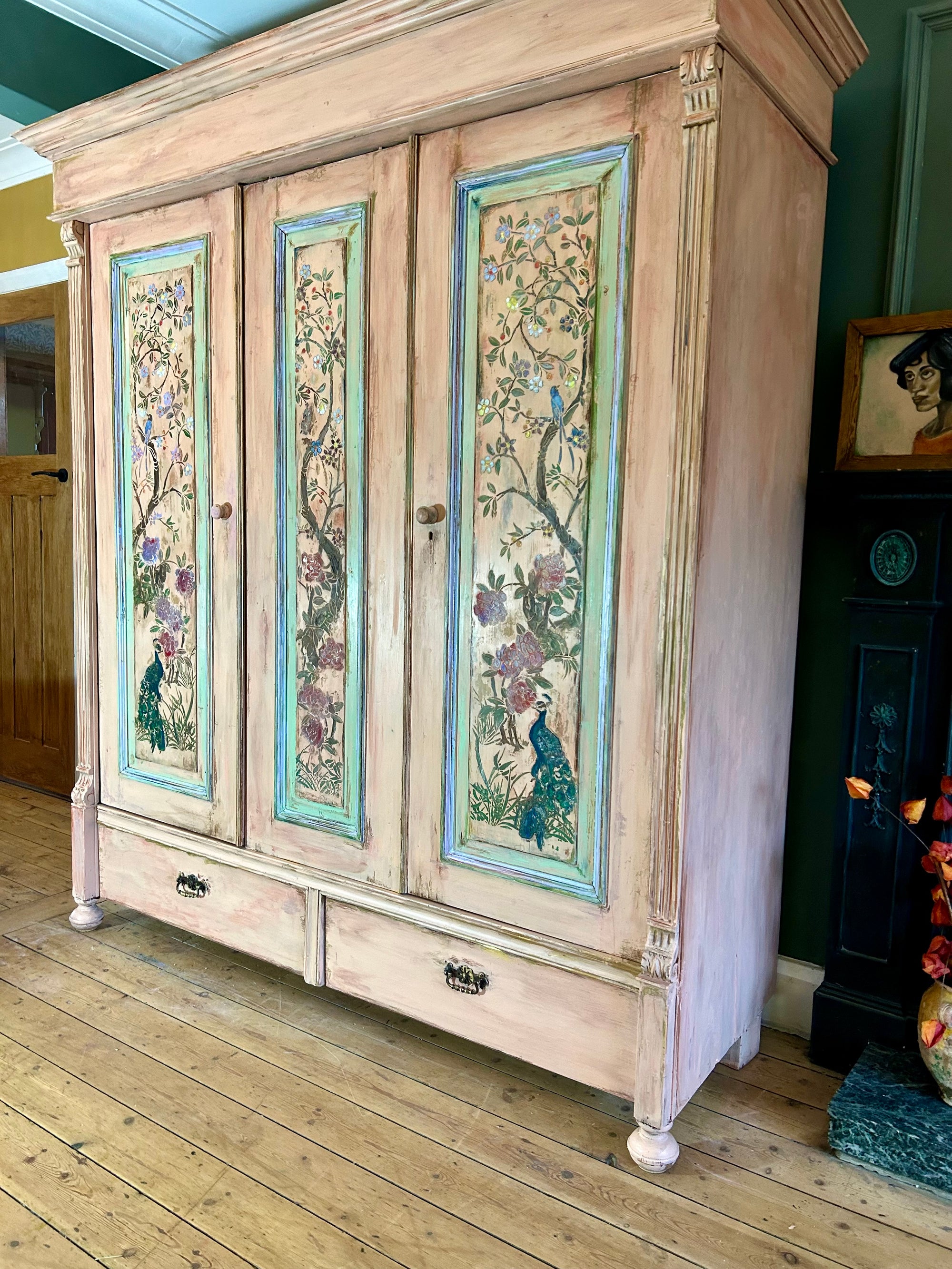 Vintage Painted Pine Large Wardrobe with Chinoiserie Panels