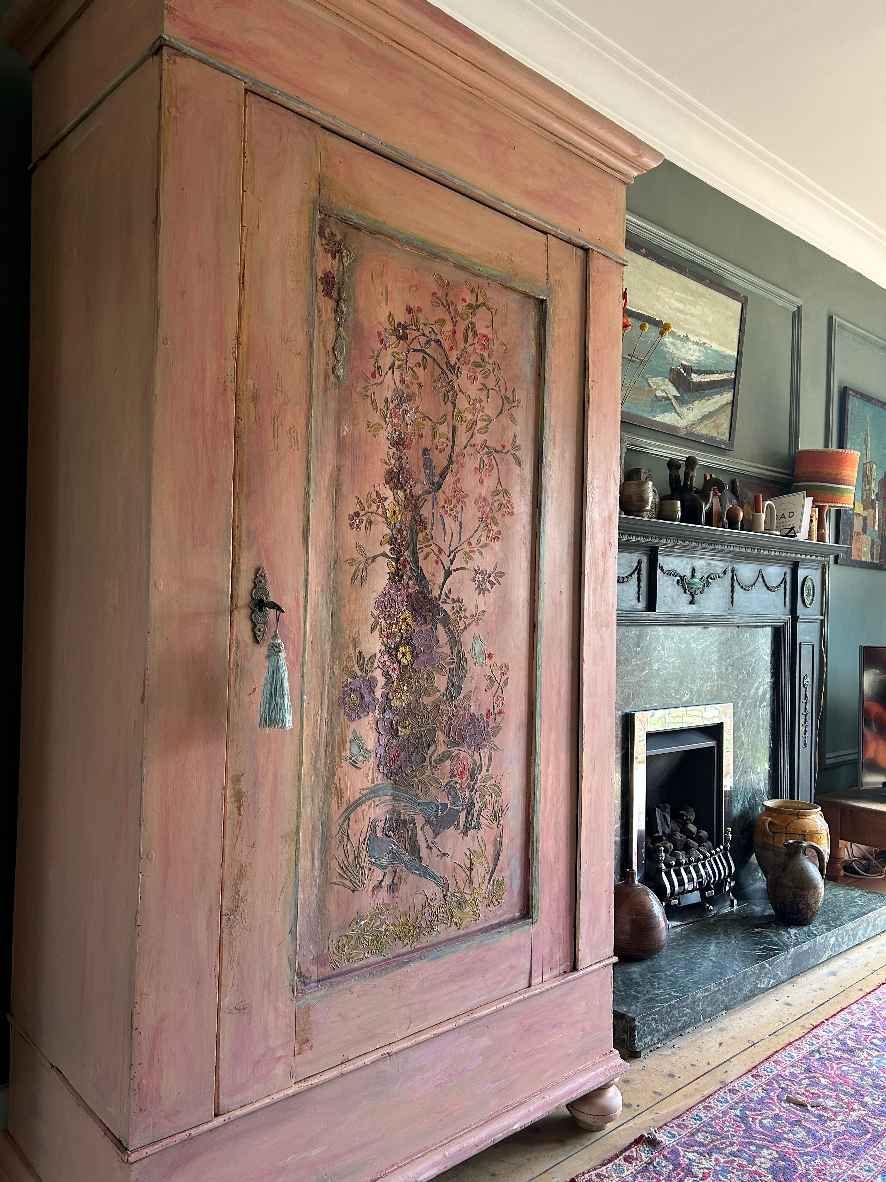 Vintage Painted Cupboard/Armoire with Chinoiserie Panel