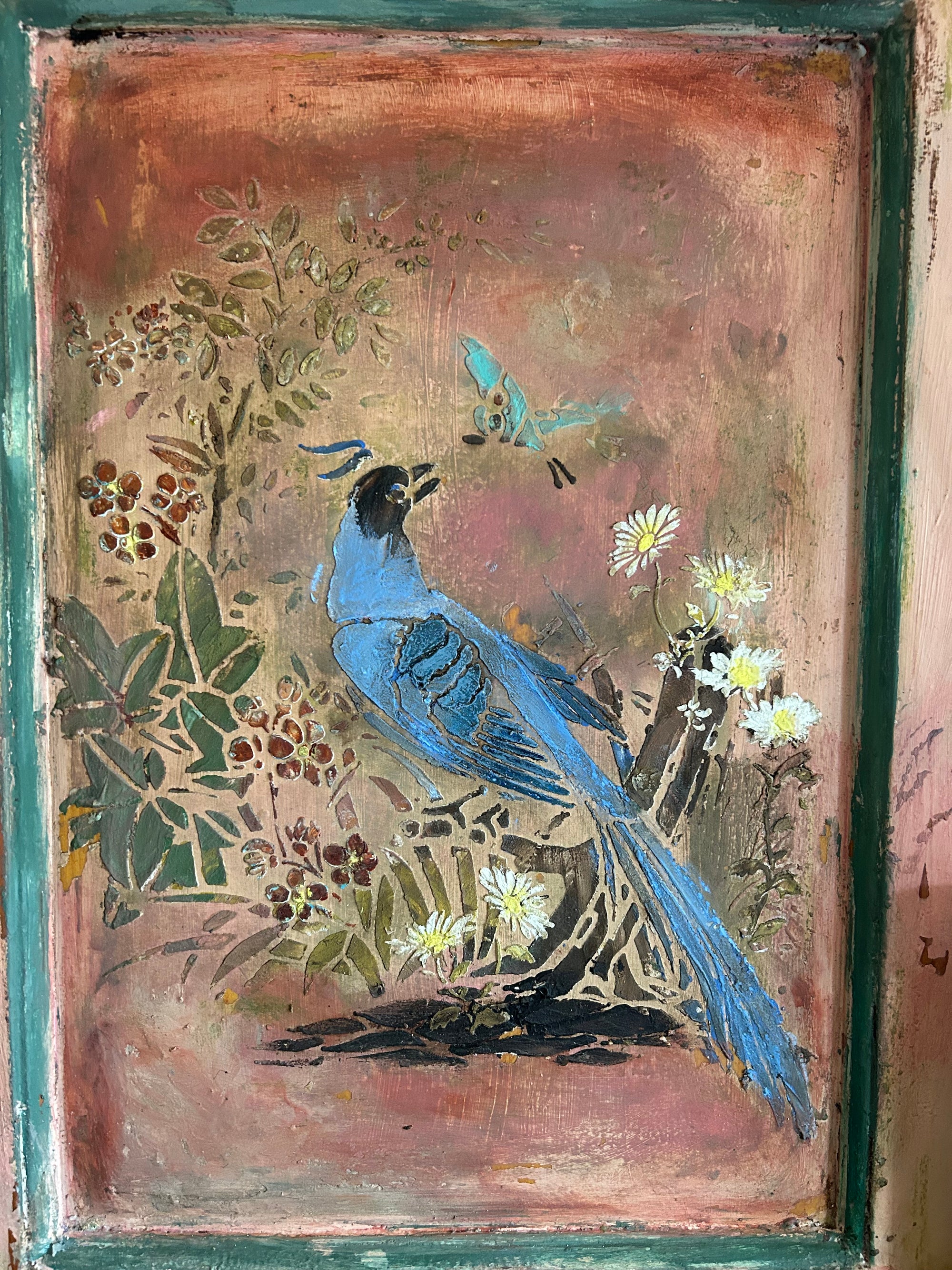 Reclaimed Door Wallhanging with Bird Chinoiserie