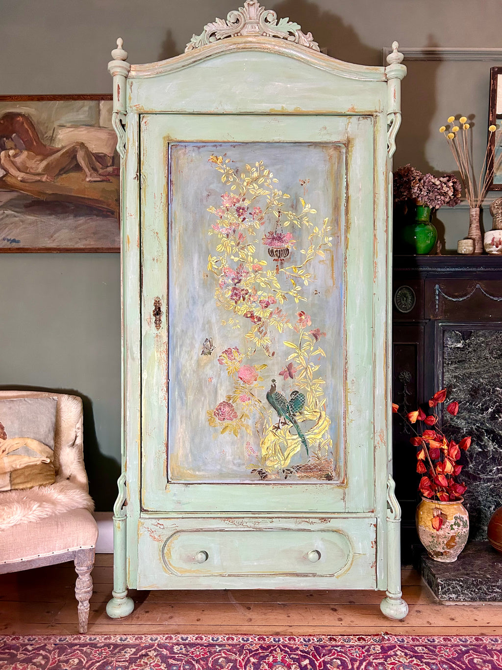 Antique Painted Armoire with Inlaid Chinoiserie