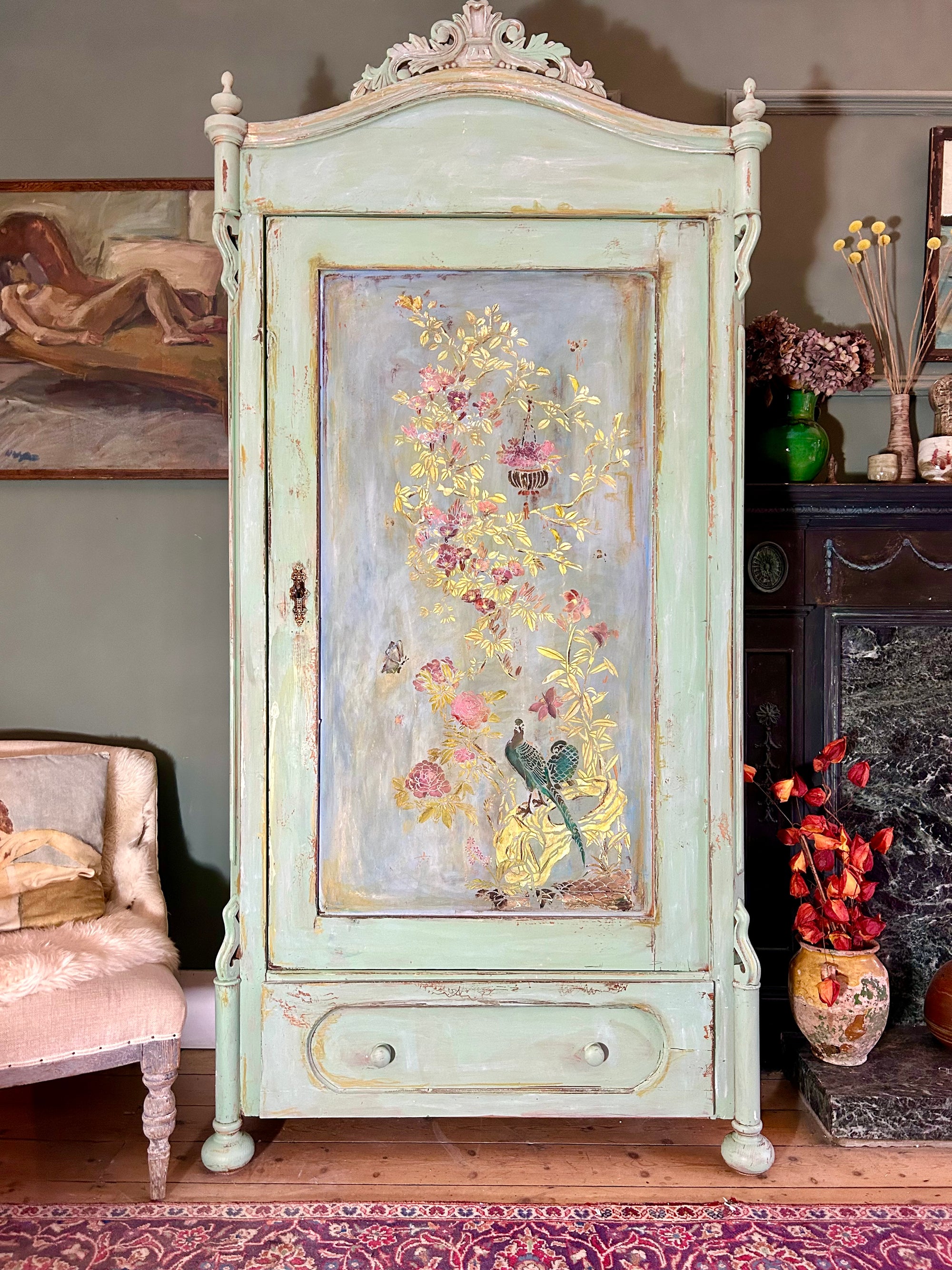 Antique Painted Armoire with Inlaid Chinoiserie