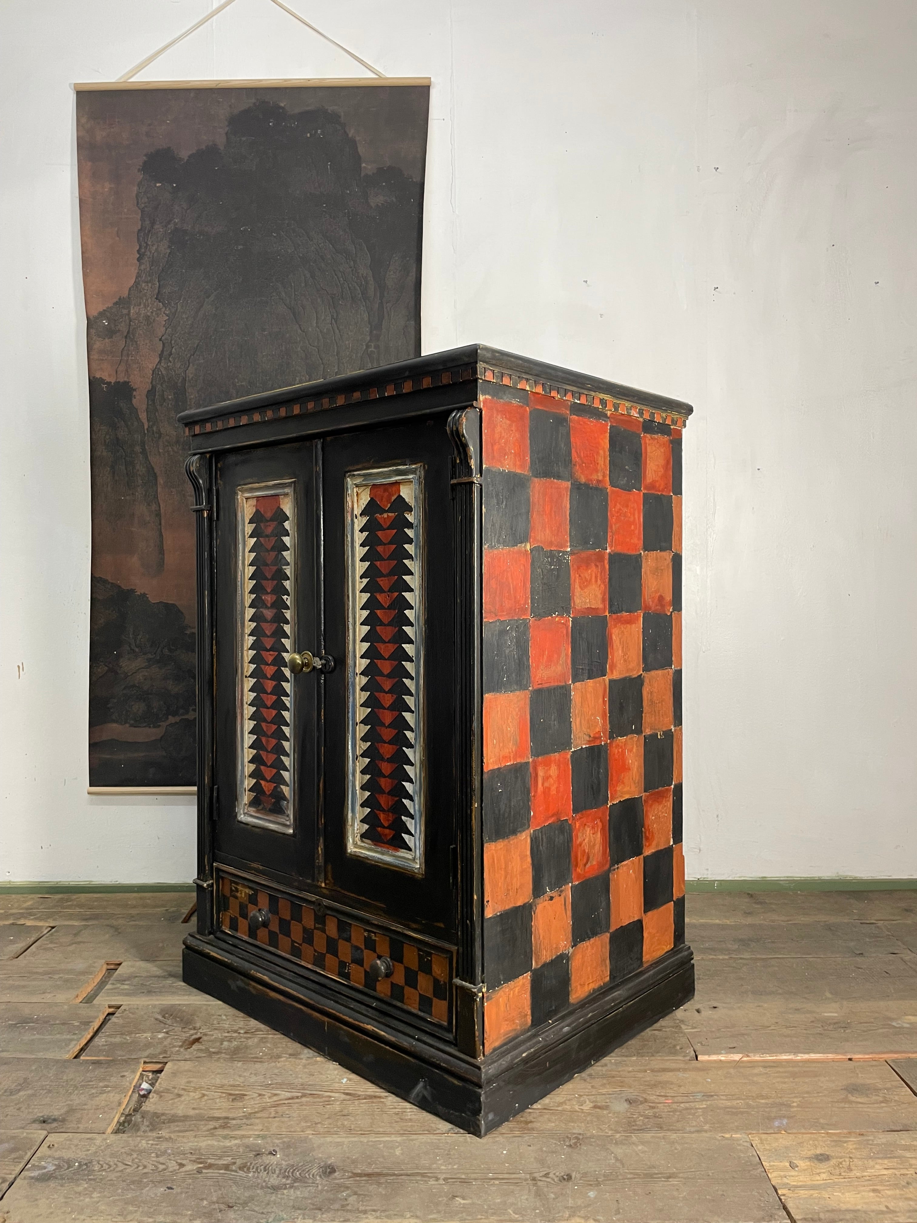 Vintage Painted Pine Folk Art Cupboard