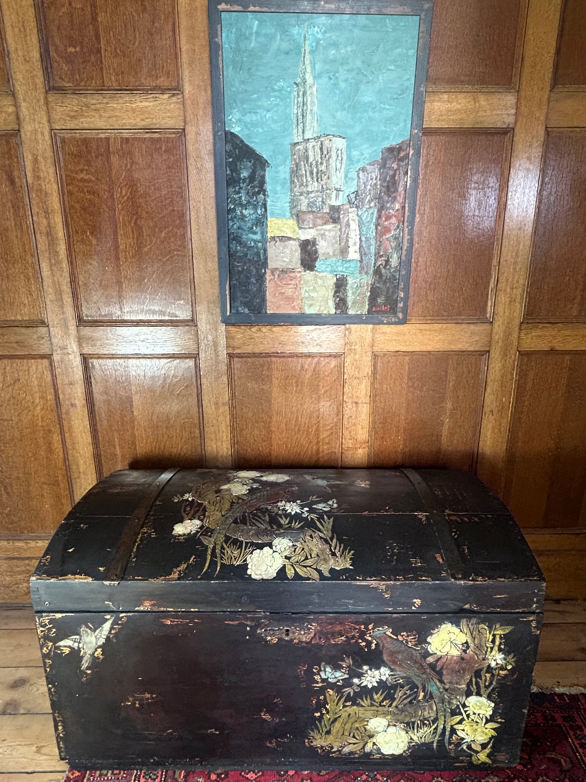 Vintage Painted Pine Blanket Box with Inlaid Chinoiserie