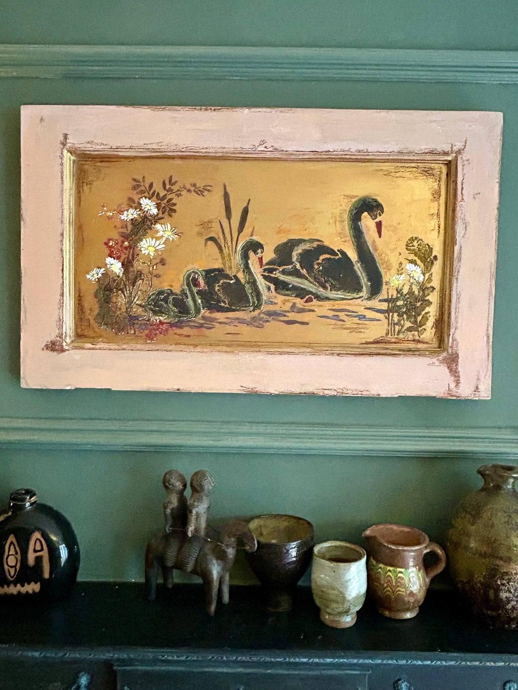 Reclaimed Door Wallhanging with Black Swan Chinoiserie