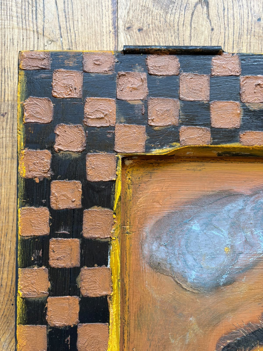 Reclaimed Door Wallhanging with Cat and checkerboard Frame