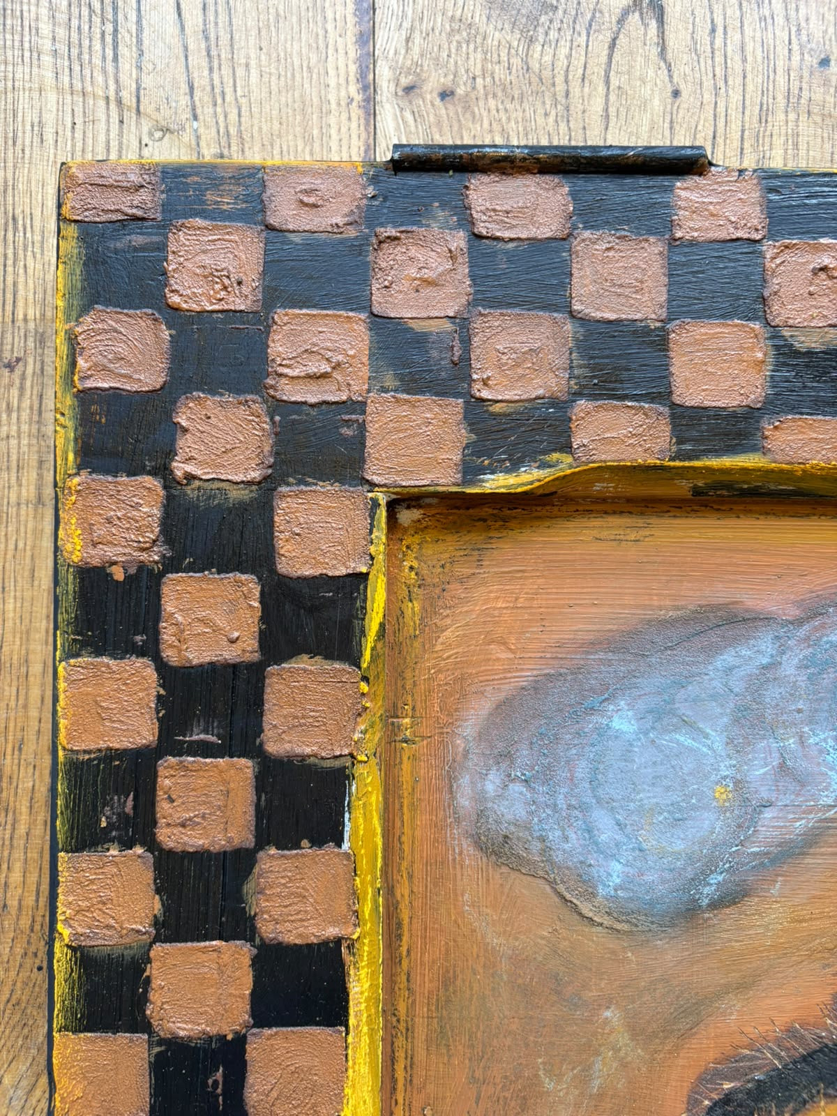 Reclaimed Door Wallhanging with Cat and checkerboard Frame