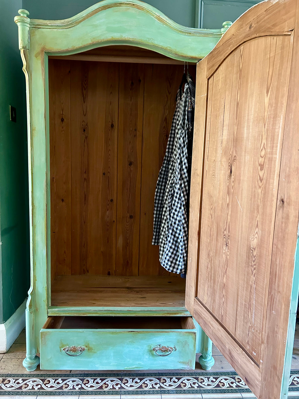 Vintage Painted Pine Armoire with Swan and Daisy Chinoiserie