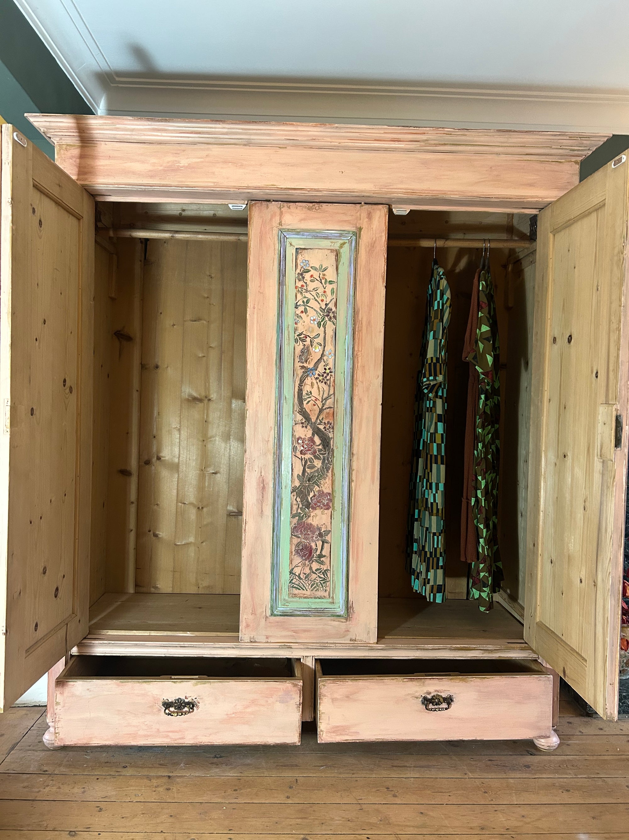Vintage Painted Pine Large Wardrobe with Chinoiserie Panels