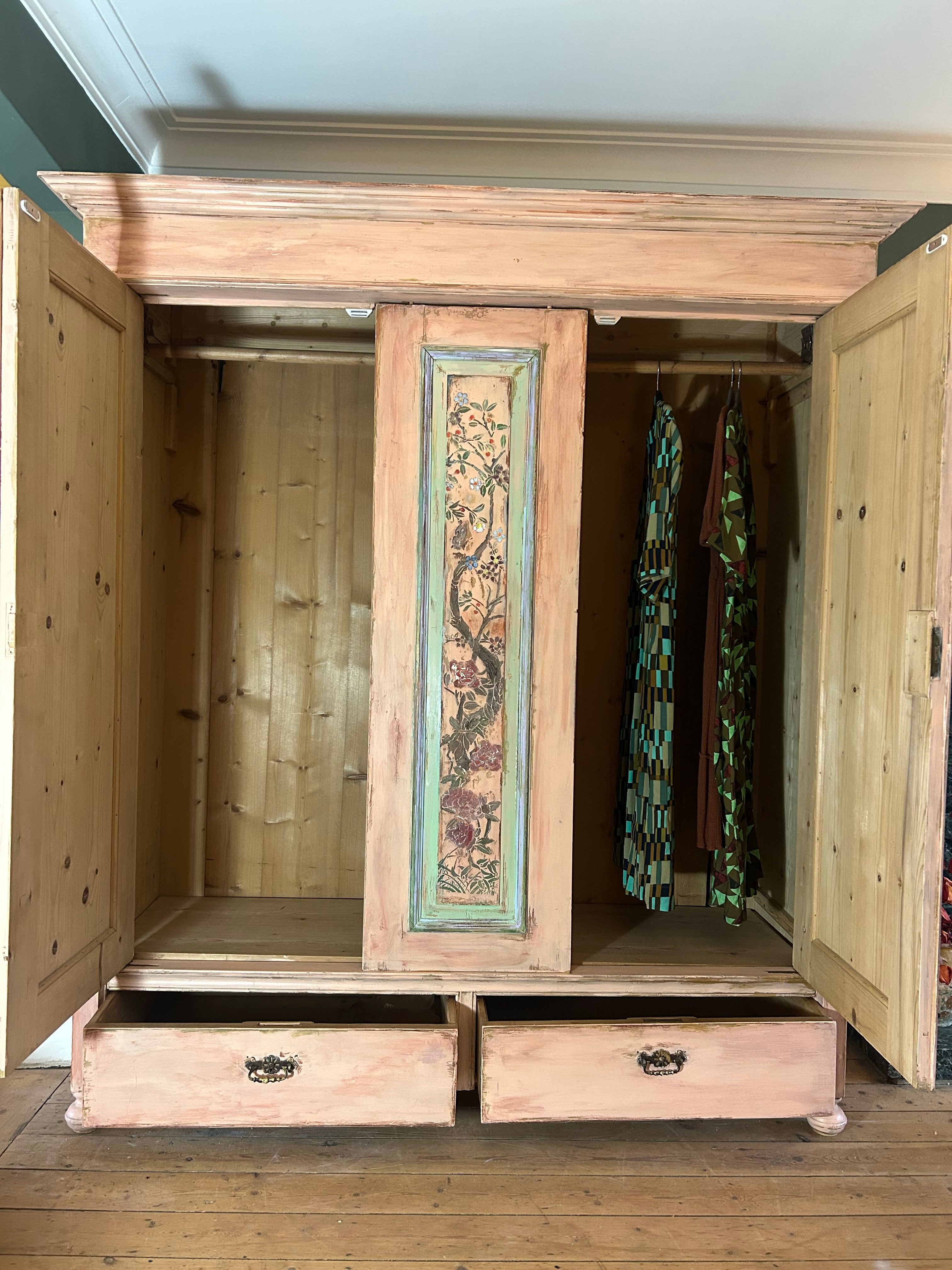 Vintage Painted Pine Large Wardrobe with Chinoiserie Panels