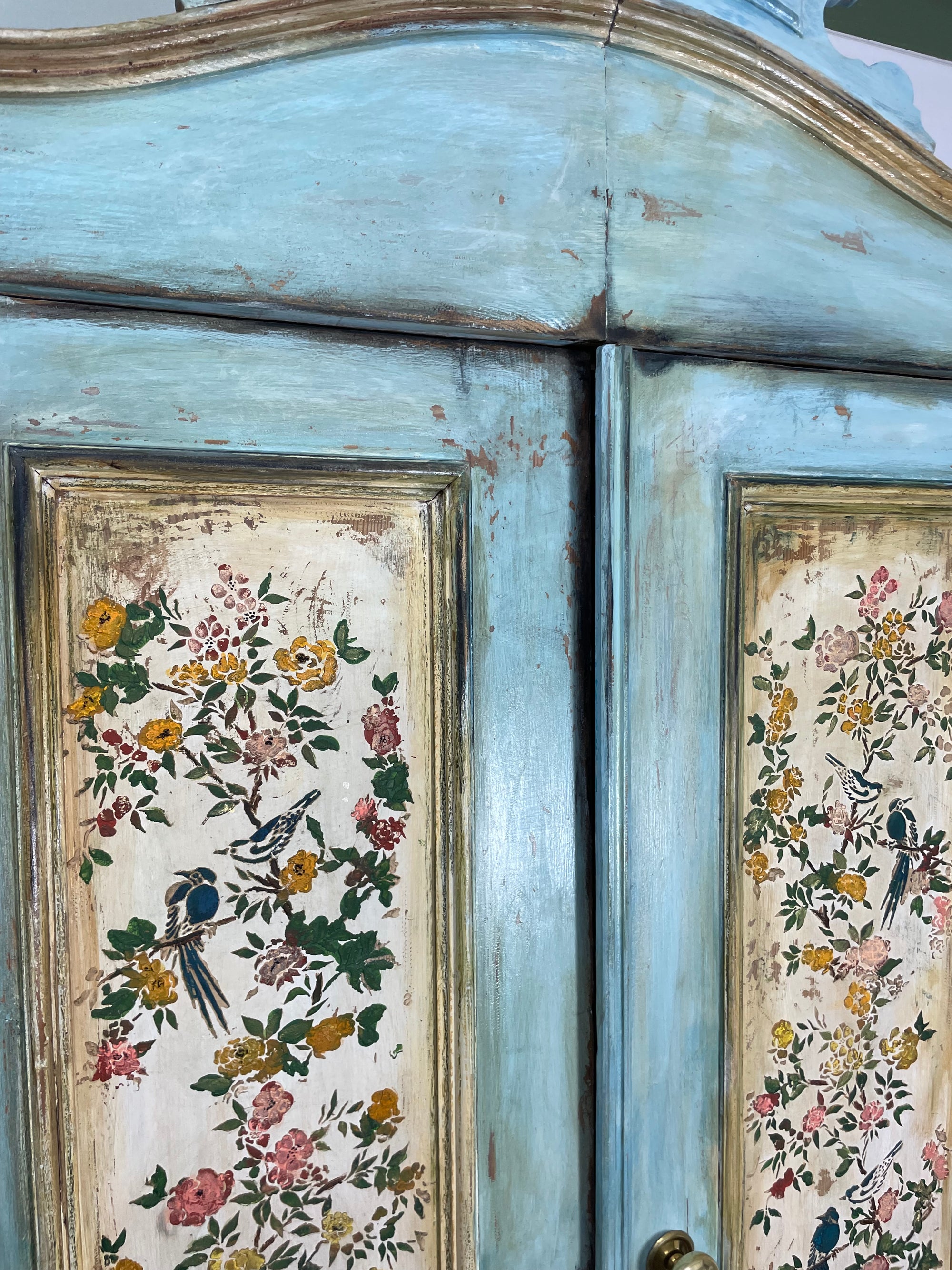 Vintage French Painted Pine Armoire with Chinoiserie Panels