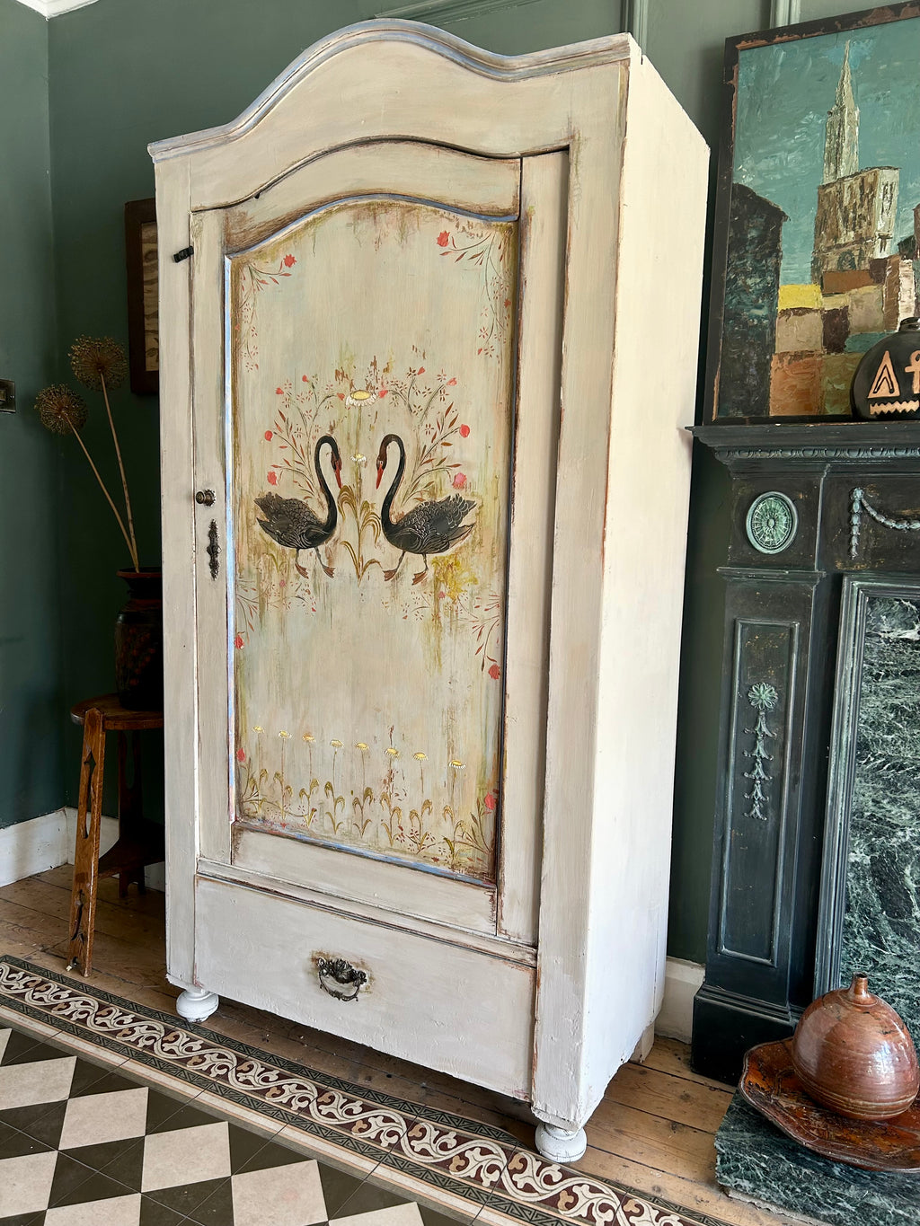 Vintage Painted Pine Folk Art Wardrobe