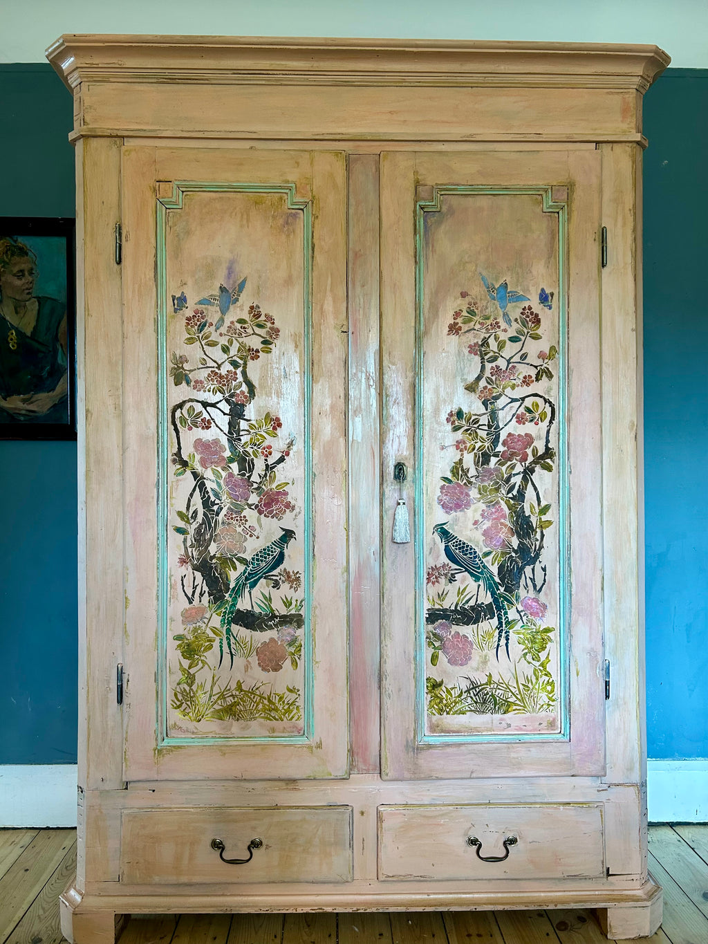 Vintage Painted Pine Wardrobe with Inlaid Chinoiserie