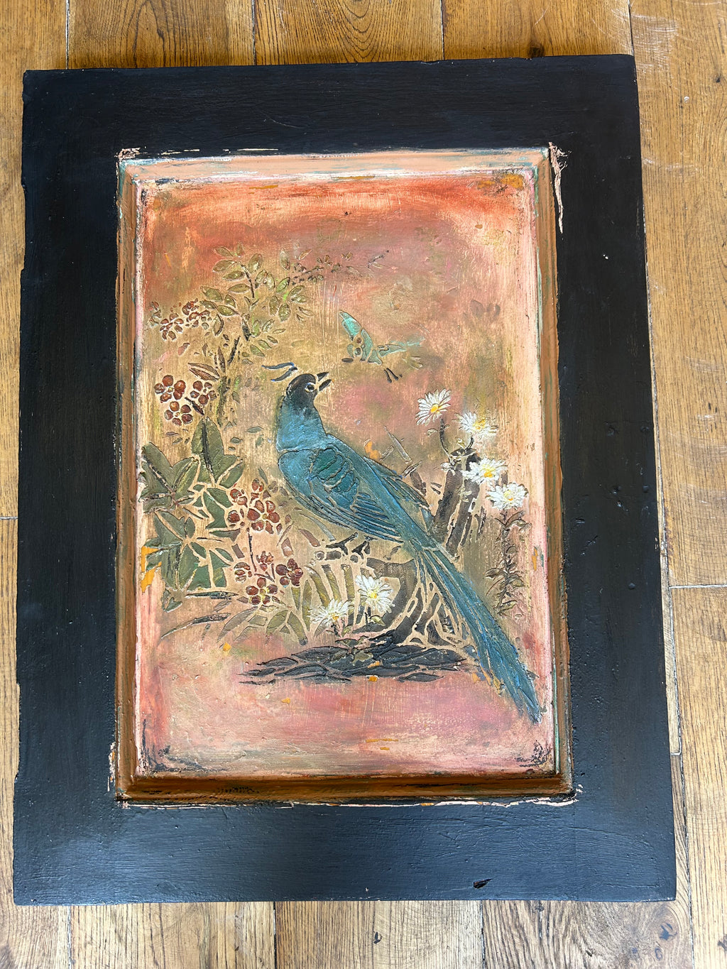 Reclaimed Door Wallhanging with Bird Chinoiserie