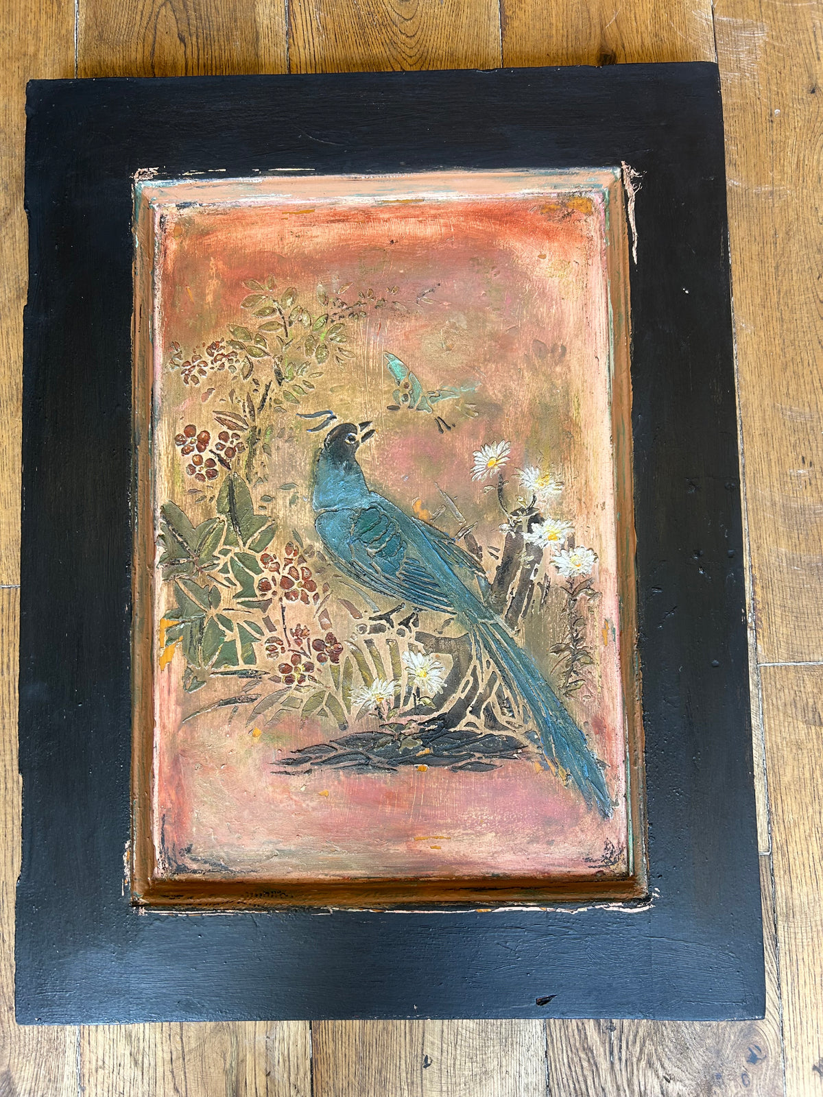 Reclaimed Door Wallhanging with Bird Chinoiserie