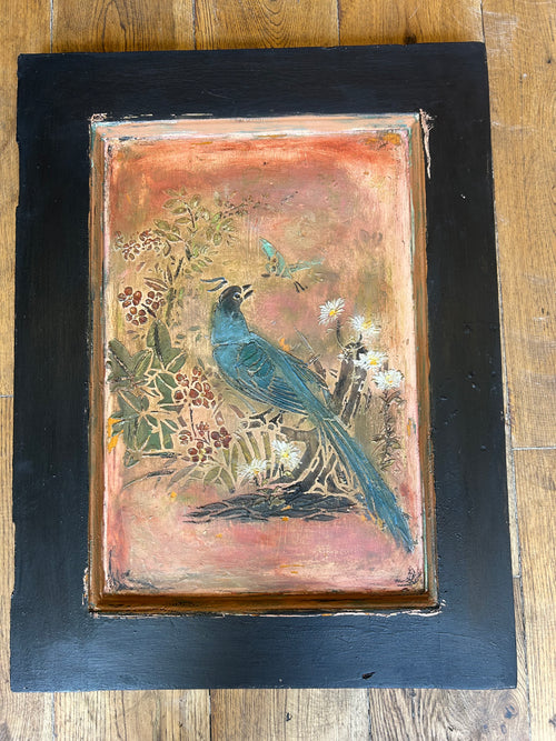 Reclaimed Door Wallhanging with Bird Chinoiserie