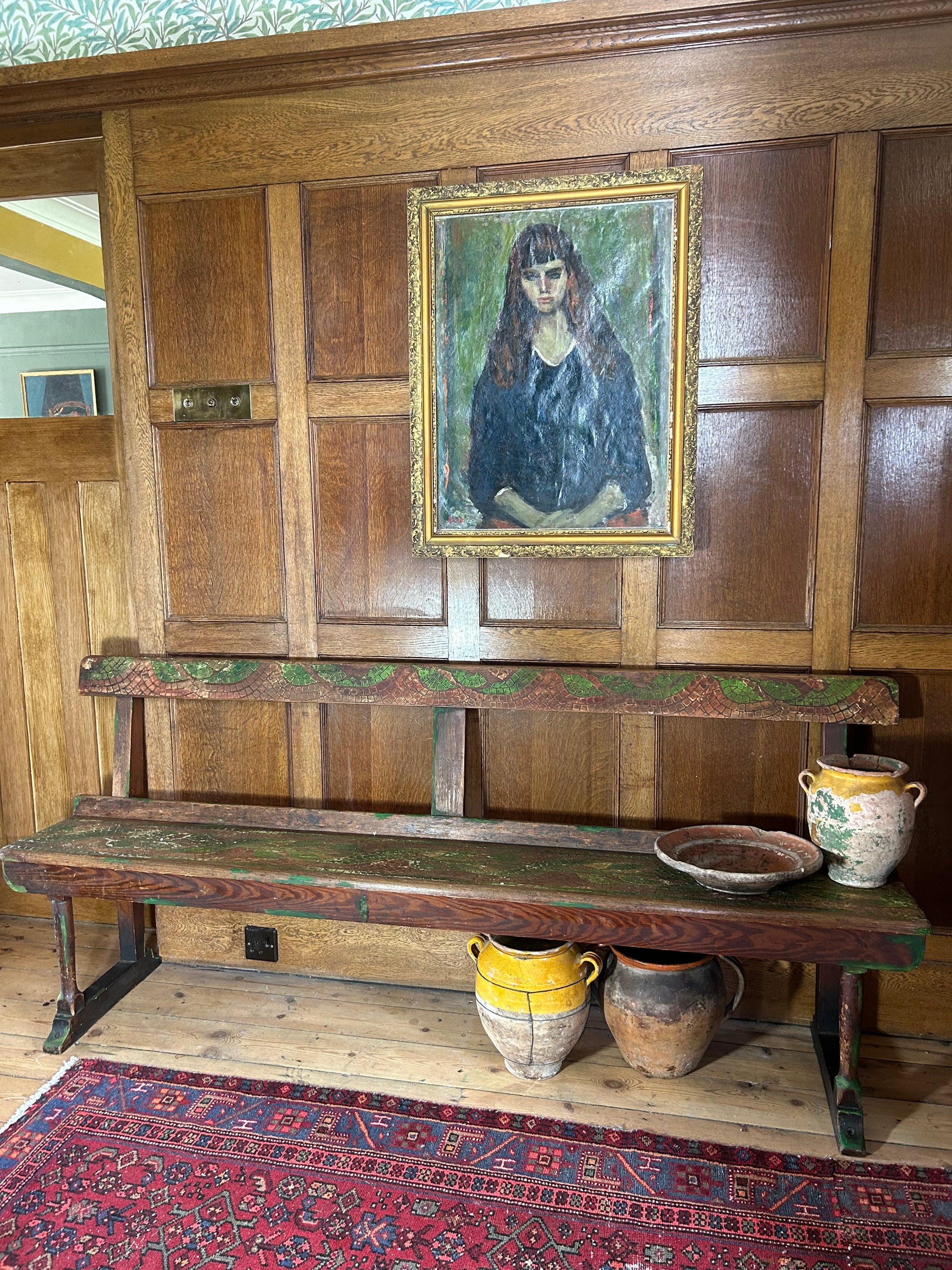 Vintage Painted Oak Bench with Inlaid Design