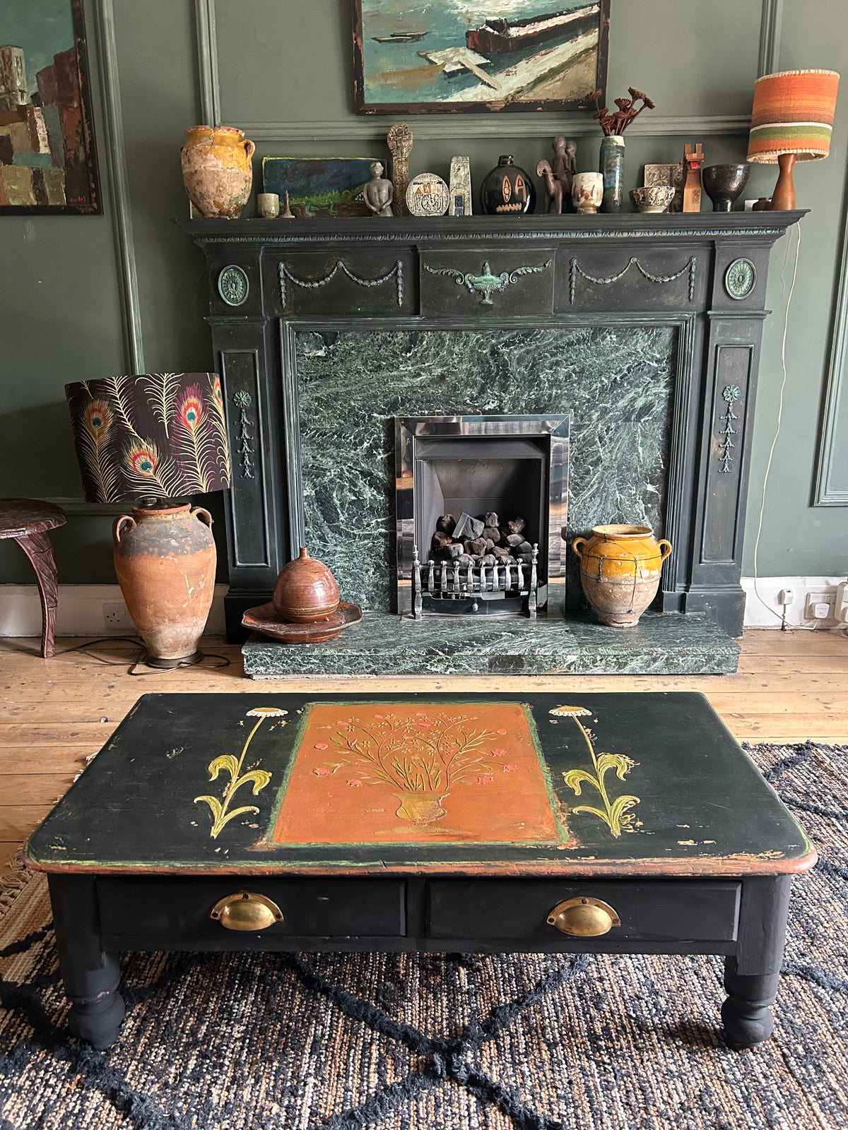 Vintage Folk Art Painted Coffee Table